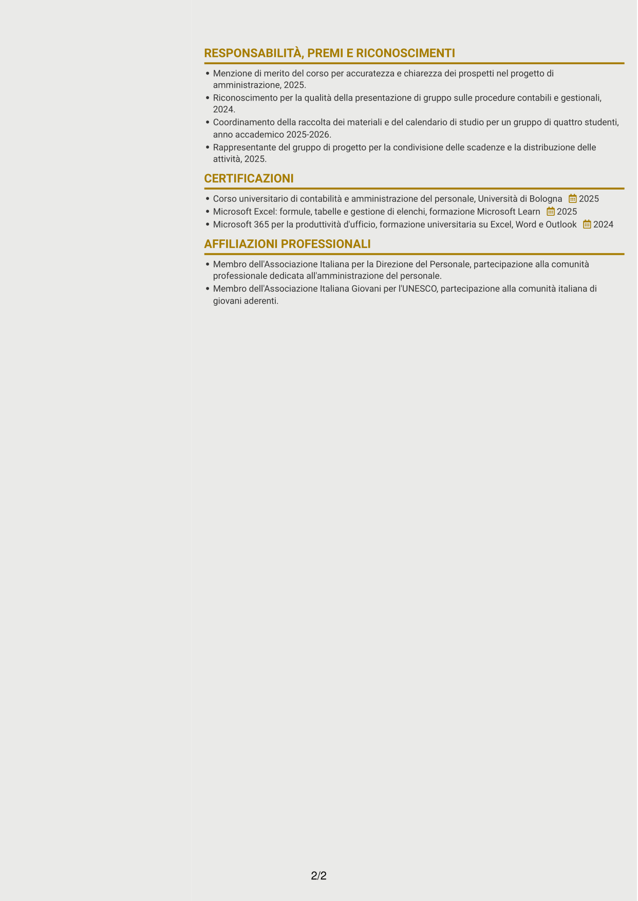 CV Dinamico (formato a due colonne con icone): Collaboratore Amministrativo - Ufficio Stipendi, pagina 2