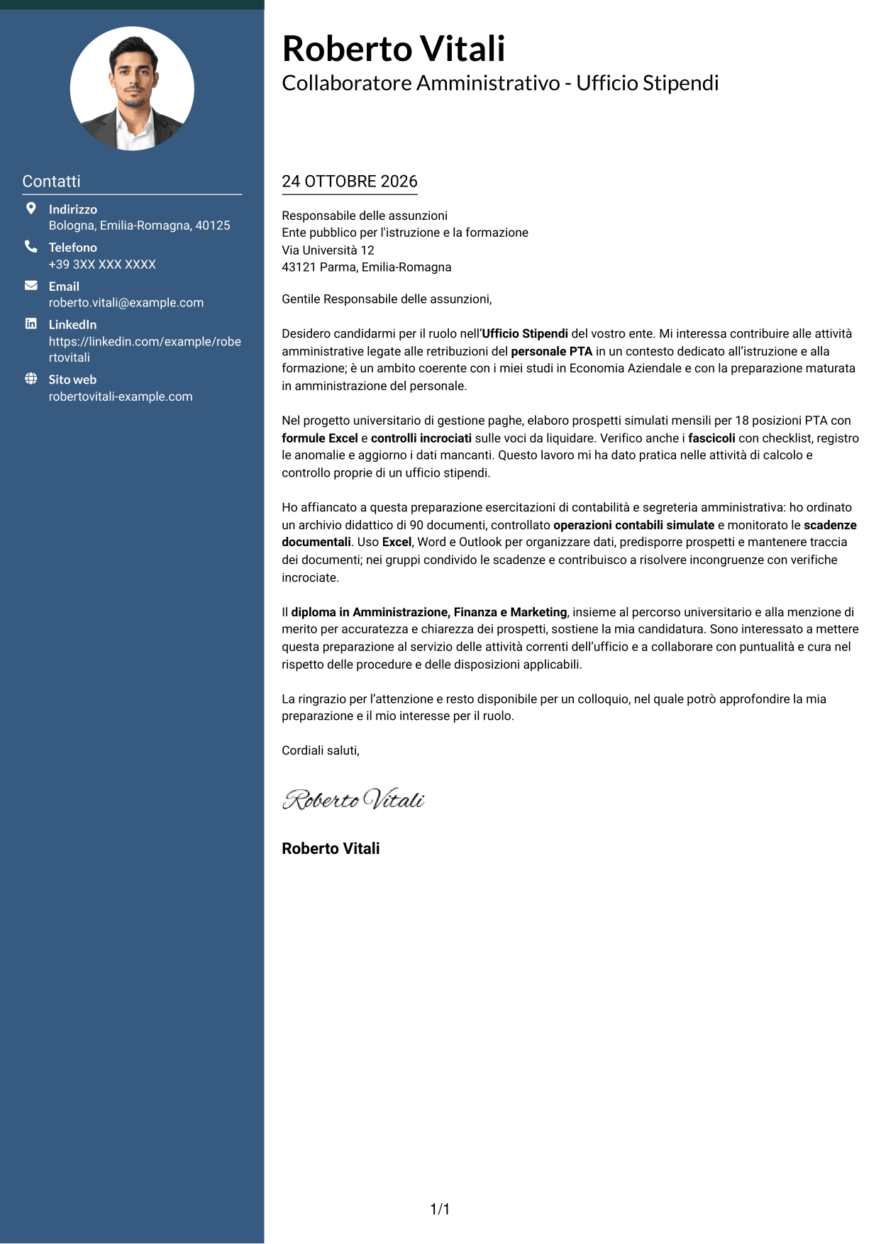 Lettera di presentazione Elegante (formato con colonna laterale colorata e foto): Collaboratore Amministrativo - Ufficio Stipendi, pagina 1