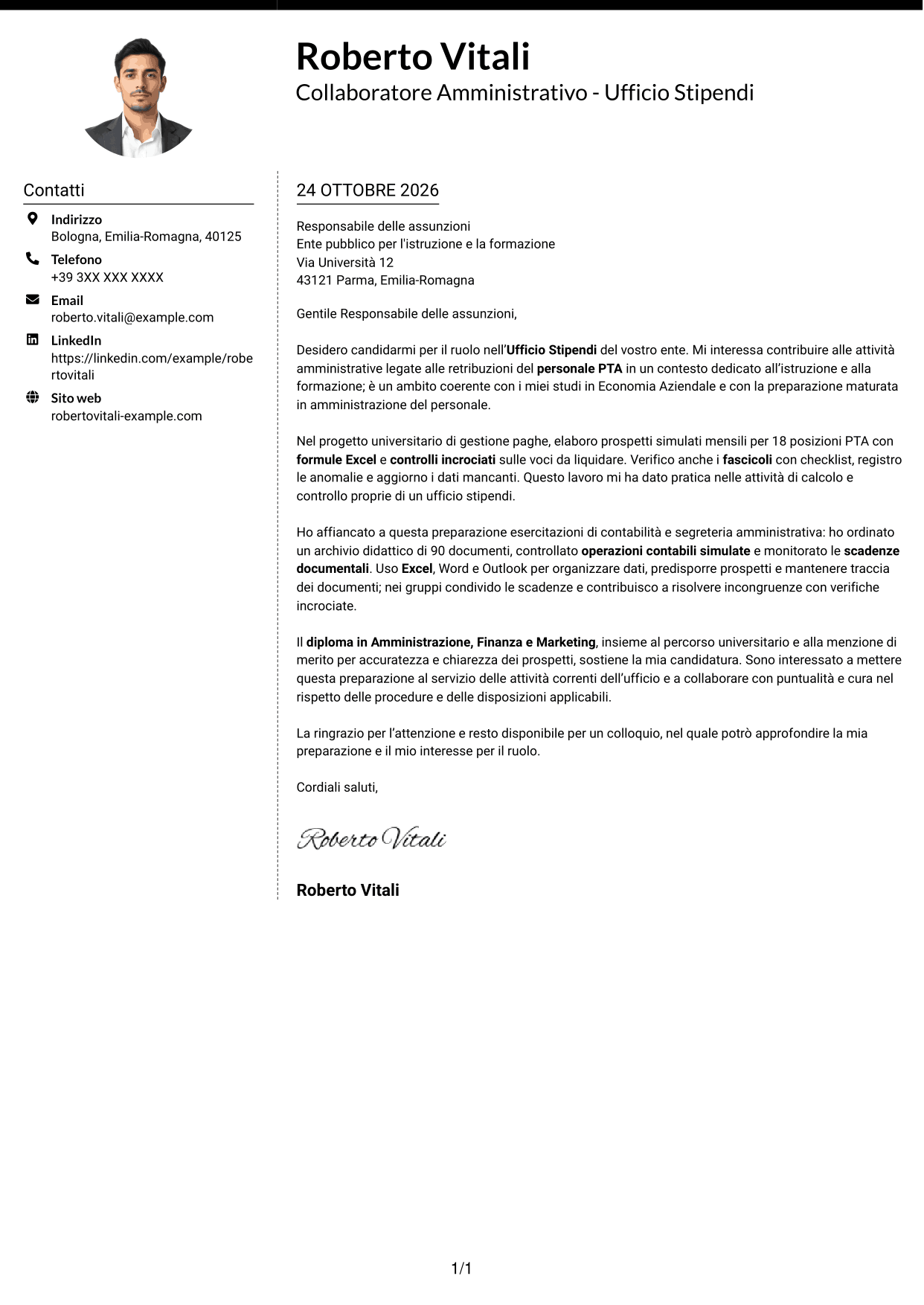 Lettera di presentazione Moderno (formato a due colonne con foto a sinistra e separatore): Collaboratore Amministrativo - Ufficio Stipendi, pagina 1