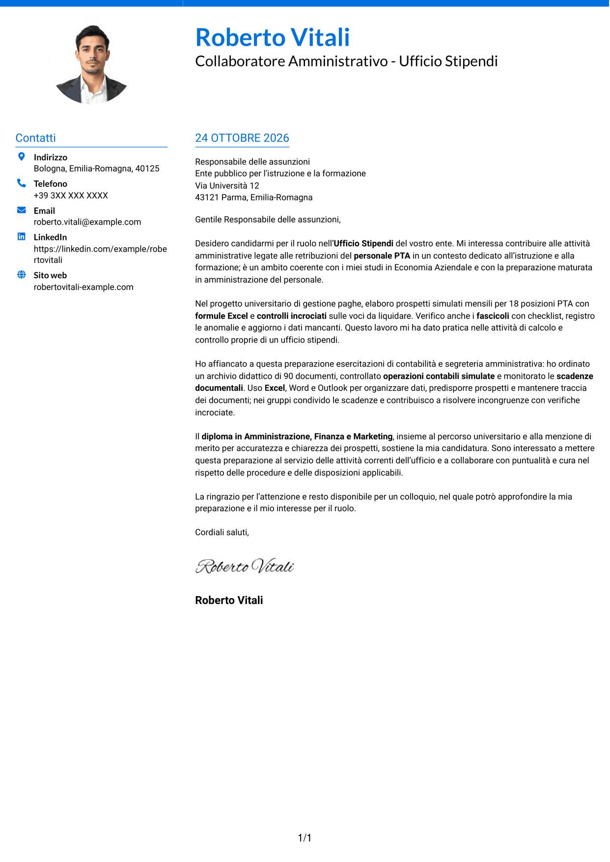 Lettera di presentazione Audace (formato a due colonne con accenti colorati e foto): Collaboratore Amministrativo - Ufficio Stipendi, pagina 1