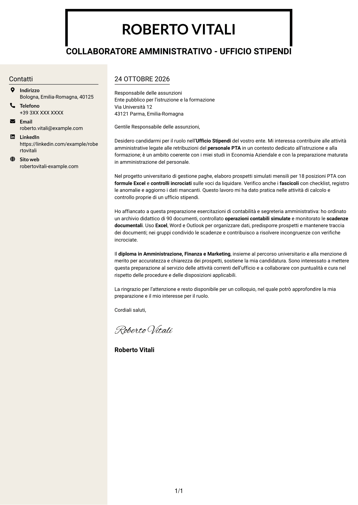 Lettera di presentazione Intraprendente (formato a due colonne con intestazione centrata senza foto): Collaboratore Amministrativo - Ufficio Stipendi, pagina 1