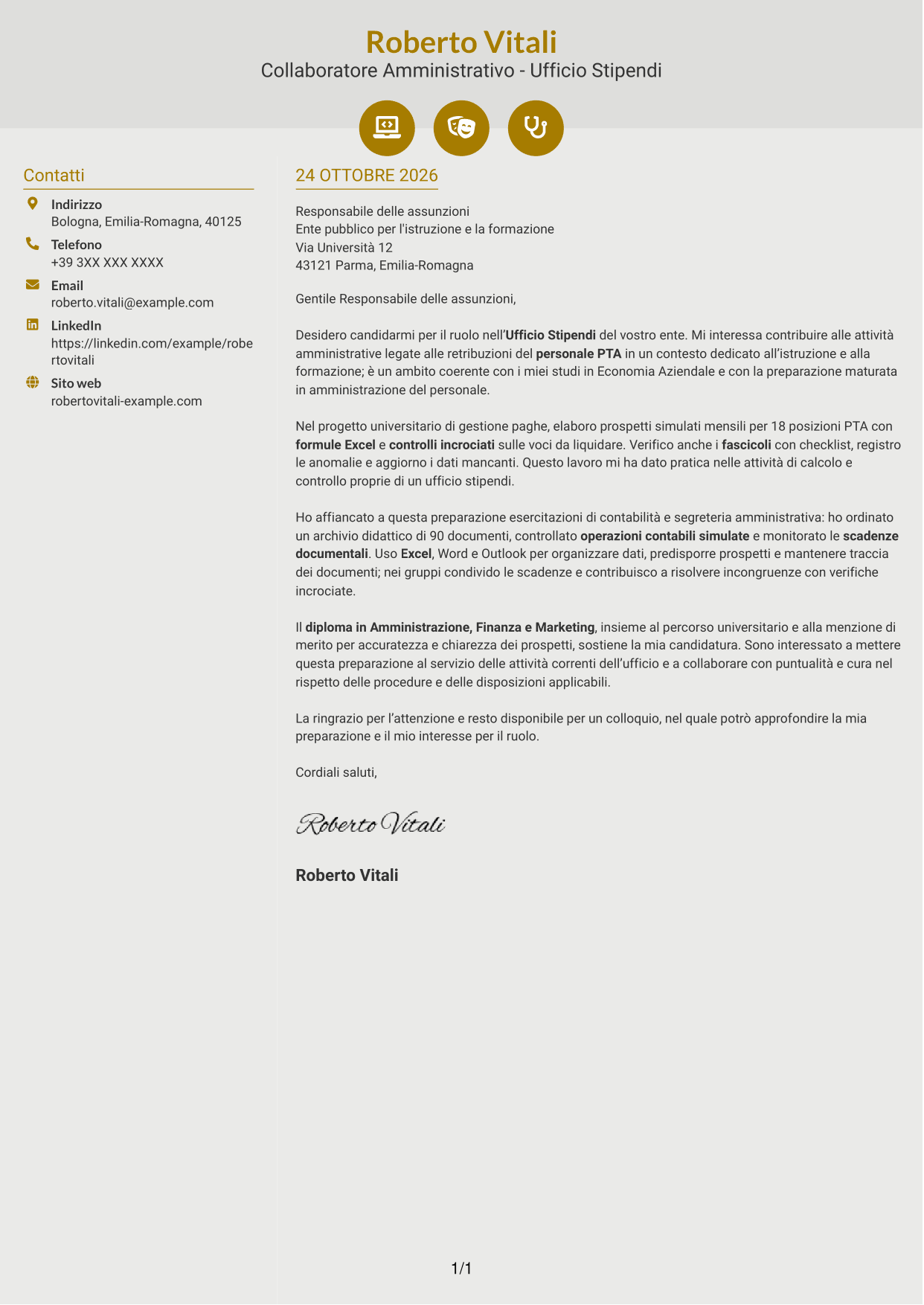 Lettera di presentazione Dinamico (formato a due colonne con icone): Collaboratore Amministrativo - Ufficio Stipendi, pagina 1
