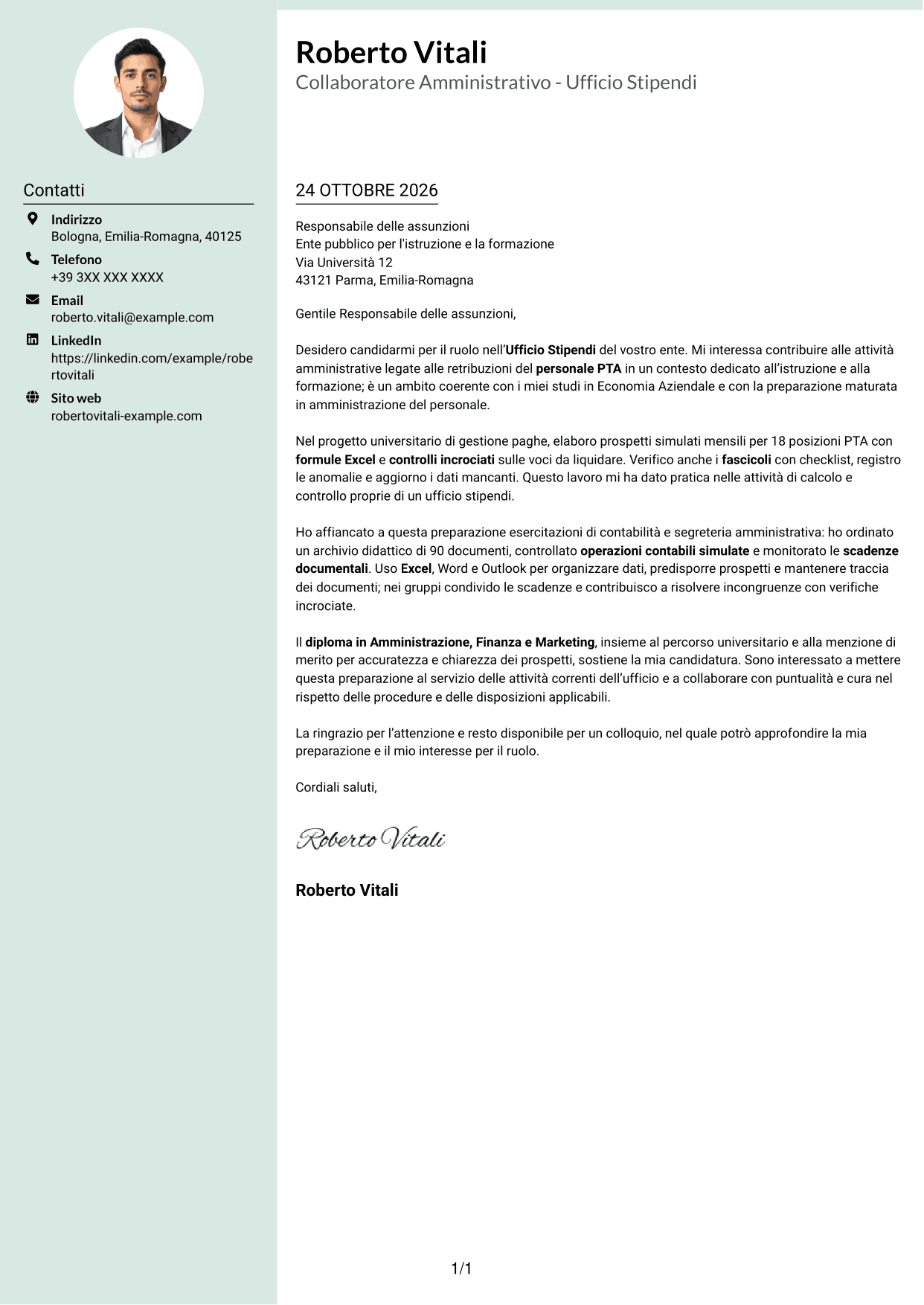 Lettera di presentazione Dirigente (formato con colonna laterale tenue e foto arrotondata): Collaboratore Amministrativo - Ufficio Stipendi, pagina 1