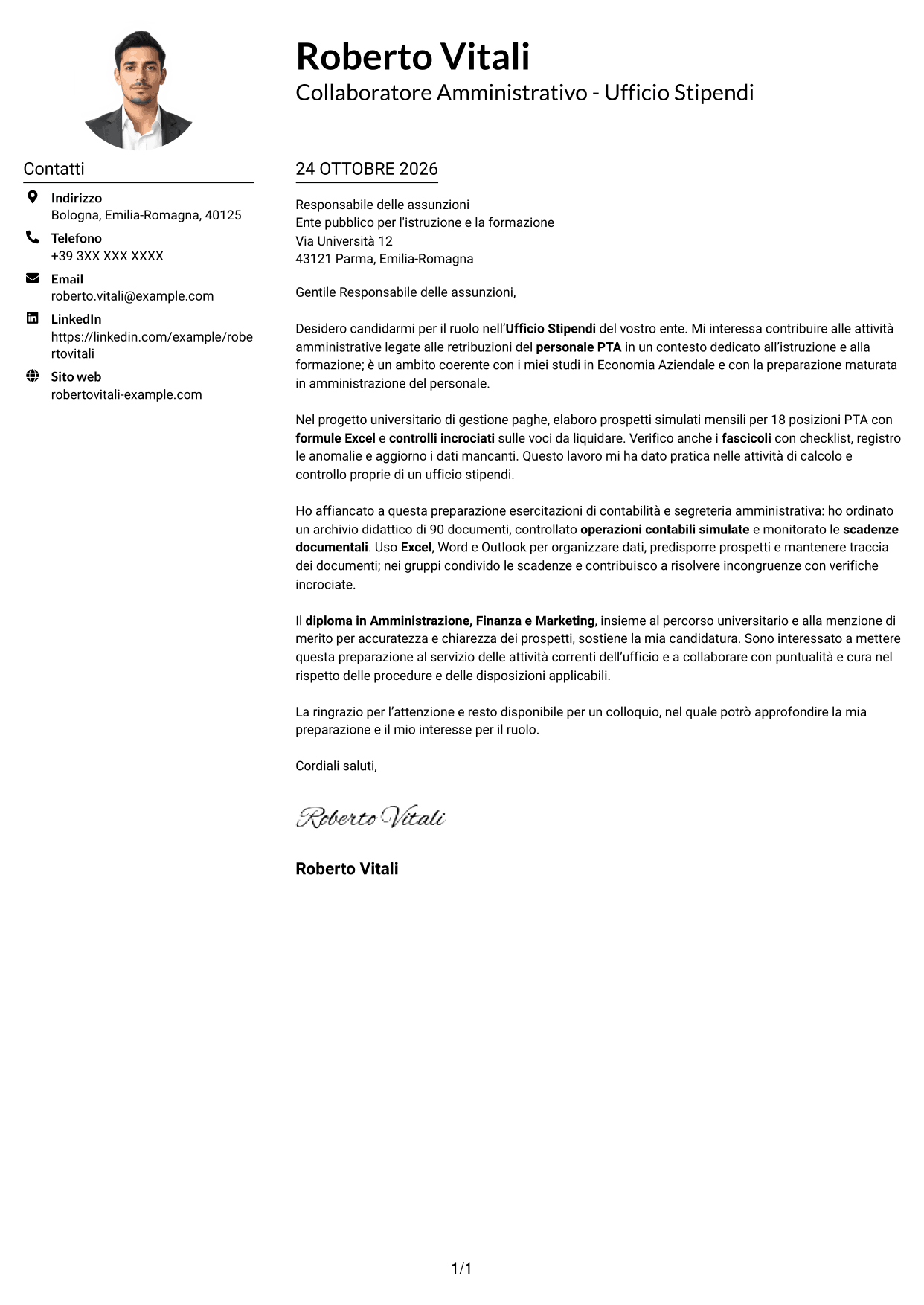 Esempio di lettera di presentazione — pagina 1