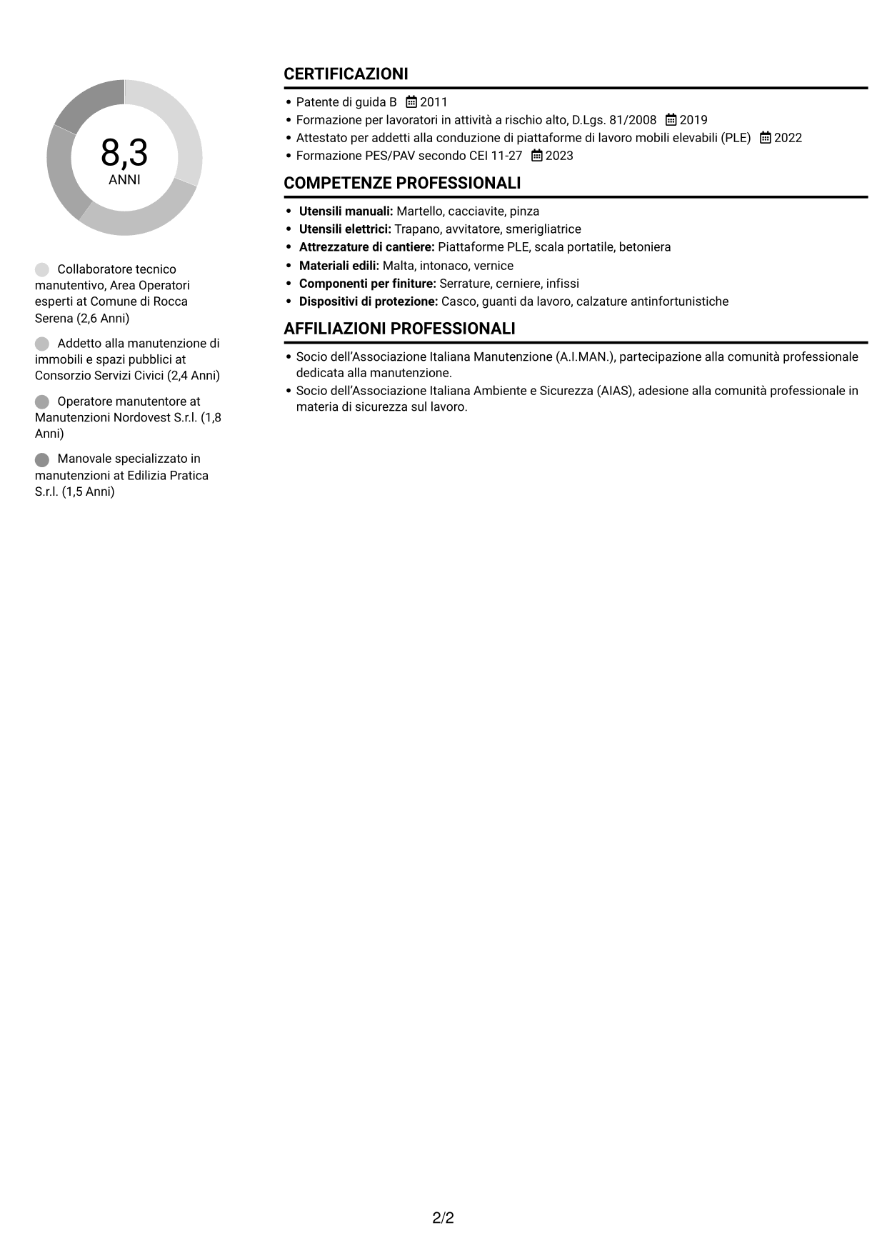 CV Compatto (formato sobrio a due colonne con foto): Collaboratore tecnico manutentivo - Infrastrutture e patrimonio, pagina 2