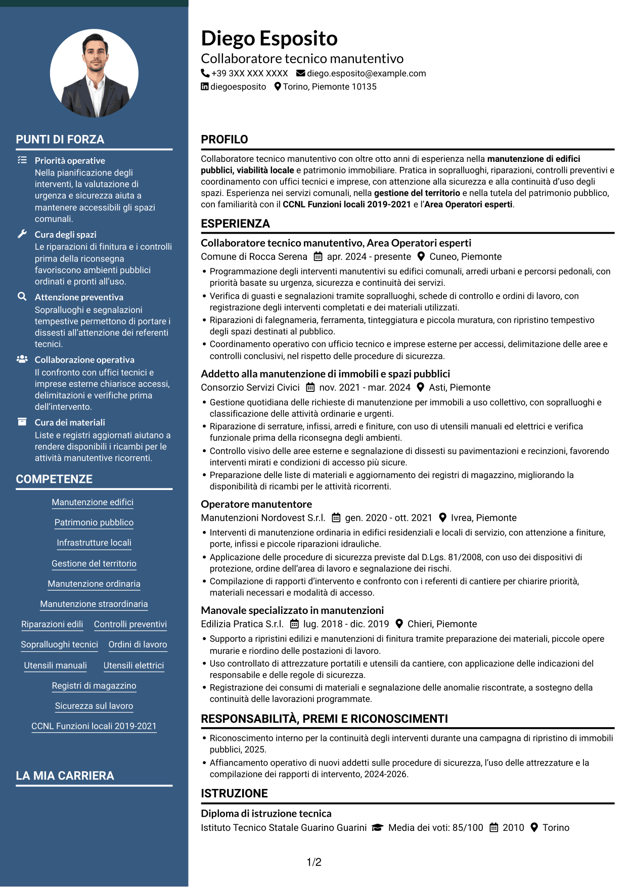 CV Elegante (formato con colonna laterale colorata e foto): Collaboratore tecnico manutentivo - Infrastrutture e patrimonio, pagina 1
