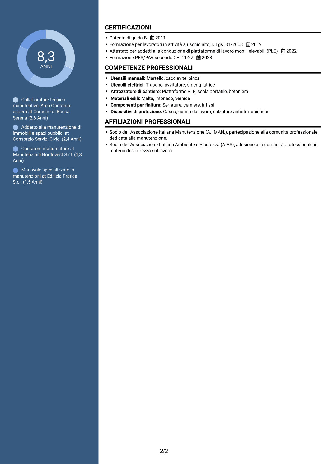 CV Elegante (formato con colonna laterale colorata e foto): Collaboratore tecnico manutentivo - Infrastrutture e patrimonio, pagina 2