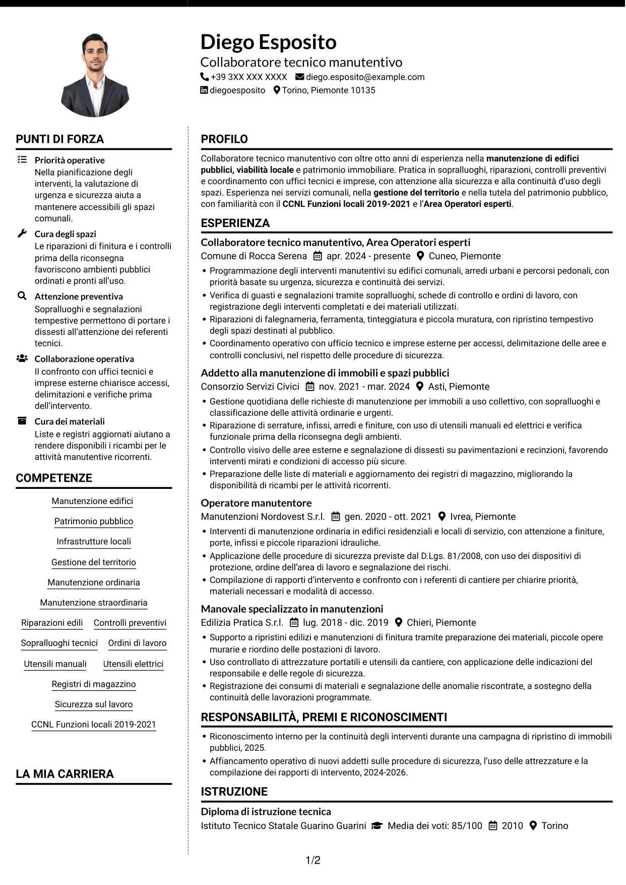 CV Moderno (formato a due colonne con foto a sinistra e separatore): Collaboratore tecnico manutentivo - Infrastrutture e patrimonio, pagina 1