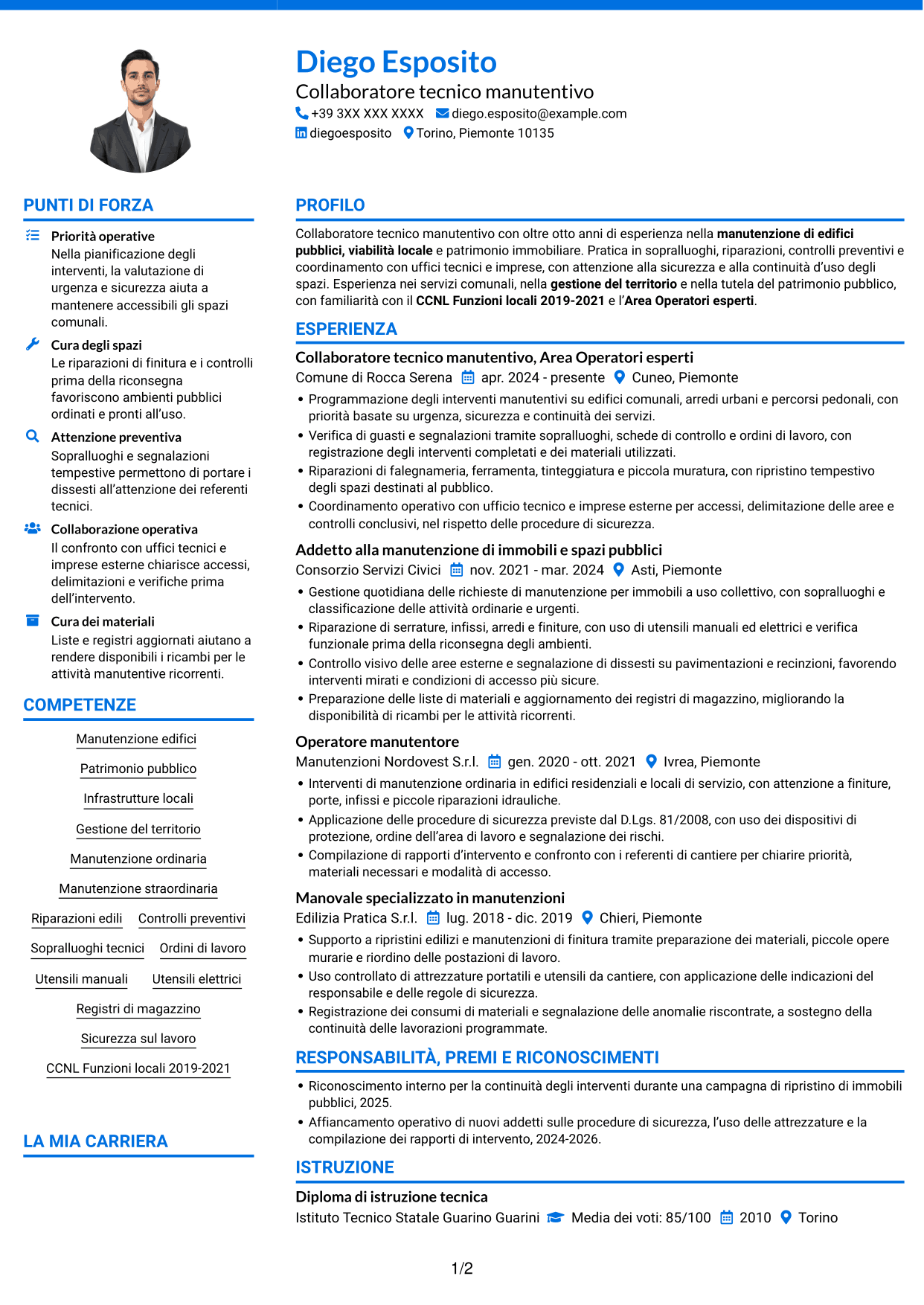 CV Audace (formato a due colonne con accenti colorati e foto): Collaboratore tecnico manutentivo - Infrastrutture e patrimonio, pagina 1