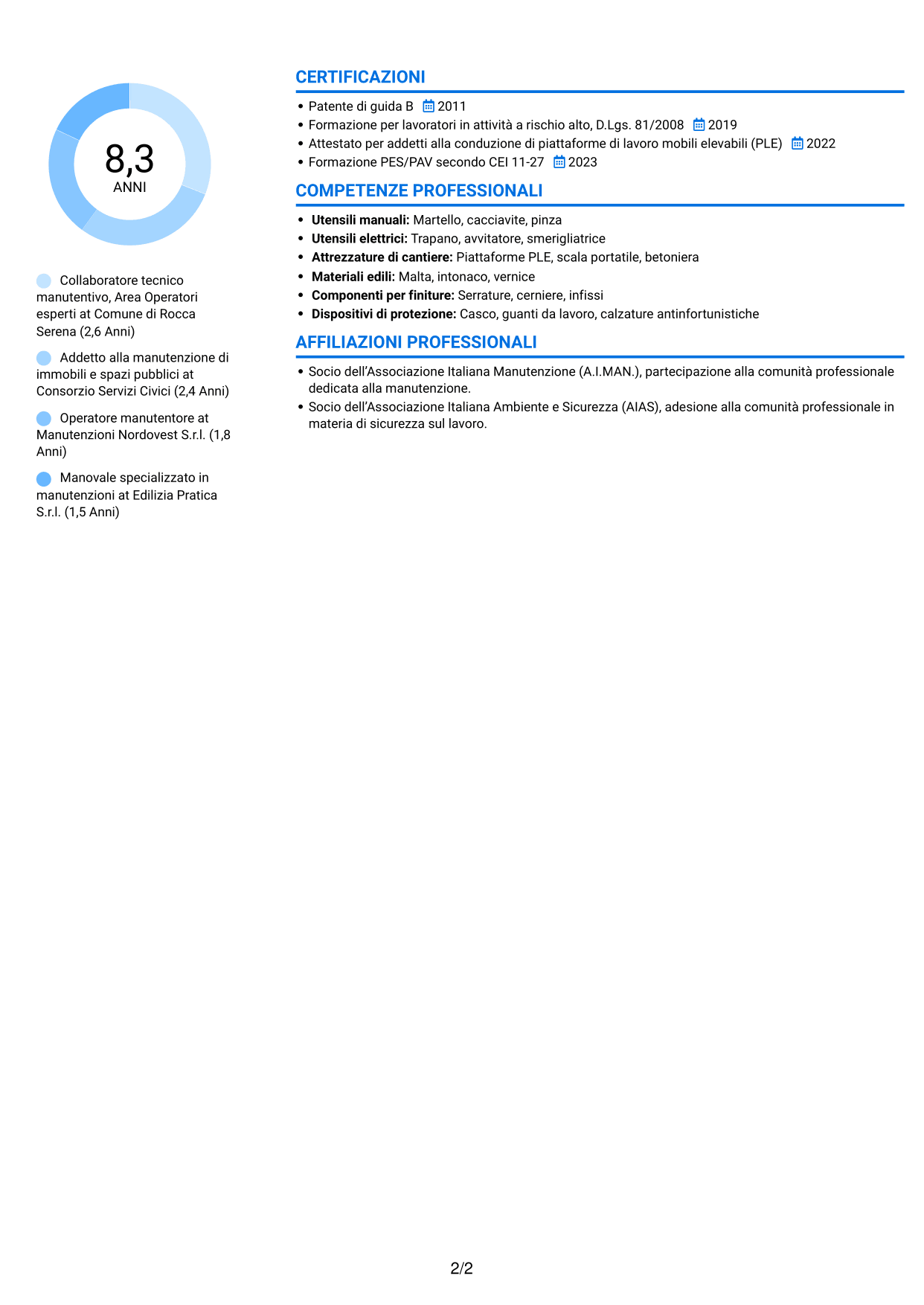 CV Audace (formato a due colonne con accenti colorati e foto): Collaboratore tecnico manutentivo - Infrastrutture e patrimonio, pagina 2