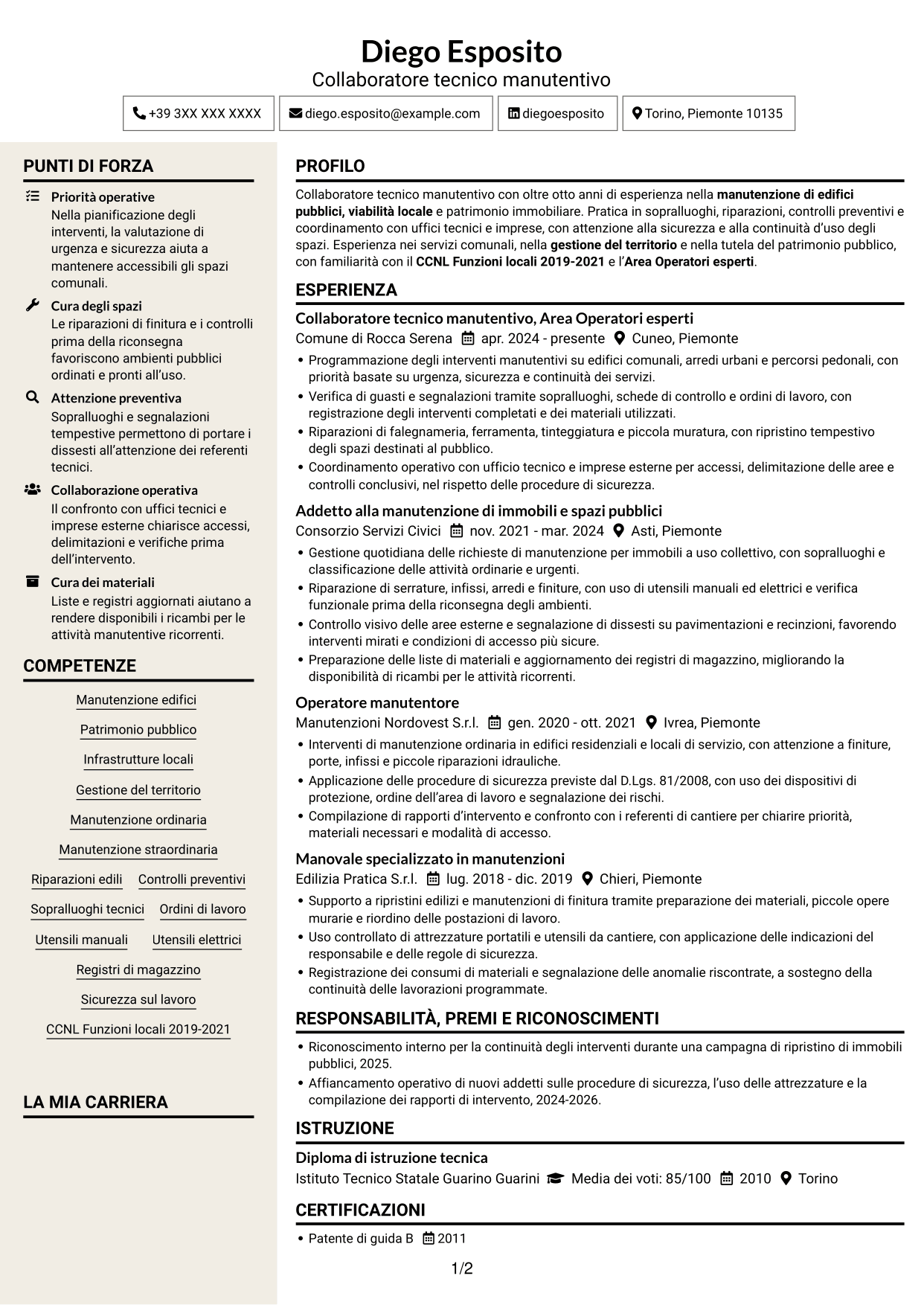 CV Intraprendente (formato a due colonne con intestazione centrata senza foto): Collaboratore tecnico manutentivo - Infrastrutture e patrimonio, pagina 1