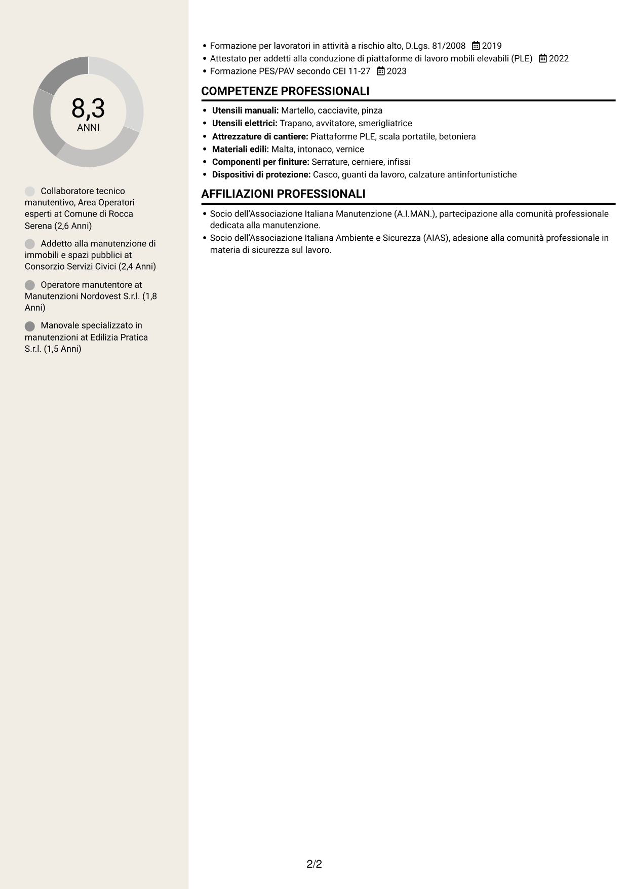 CV Intraprendente (formato a due colonne con intestazione centrata senza foto): Collaboratore tecnico manutentivo - Infrastrutture e patrimonio, pagina 2
