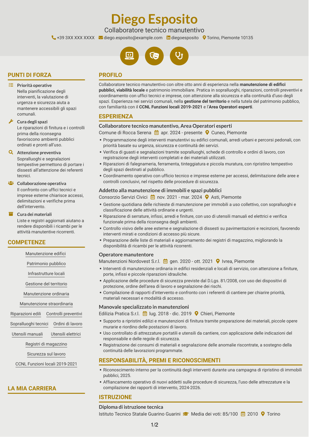 CV Dinamico (formato a due colonne con icone): Collaboratore tecnico manutentivo - Infrastrutture e patrimonio, pagina 1