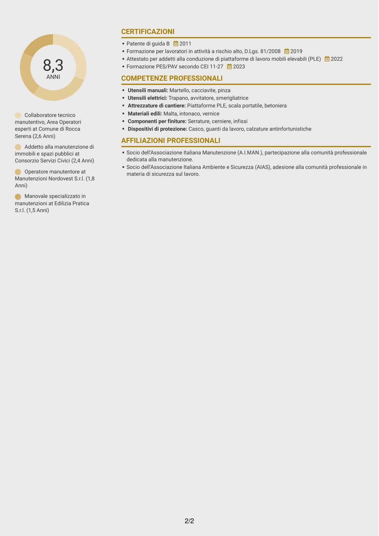 CV Dinamico (formato a due colonne con icone): Collaboratore tecnico manutentivo - Infrastrutture e patrimonio, pagina 2
