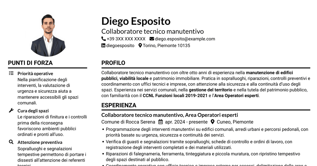 7 modelli di CV per Collaboratore tecnico manutentivo - Infrastrutture e patrimonio, con esempi