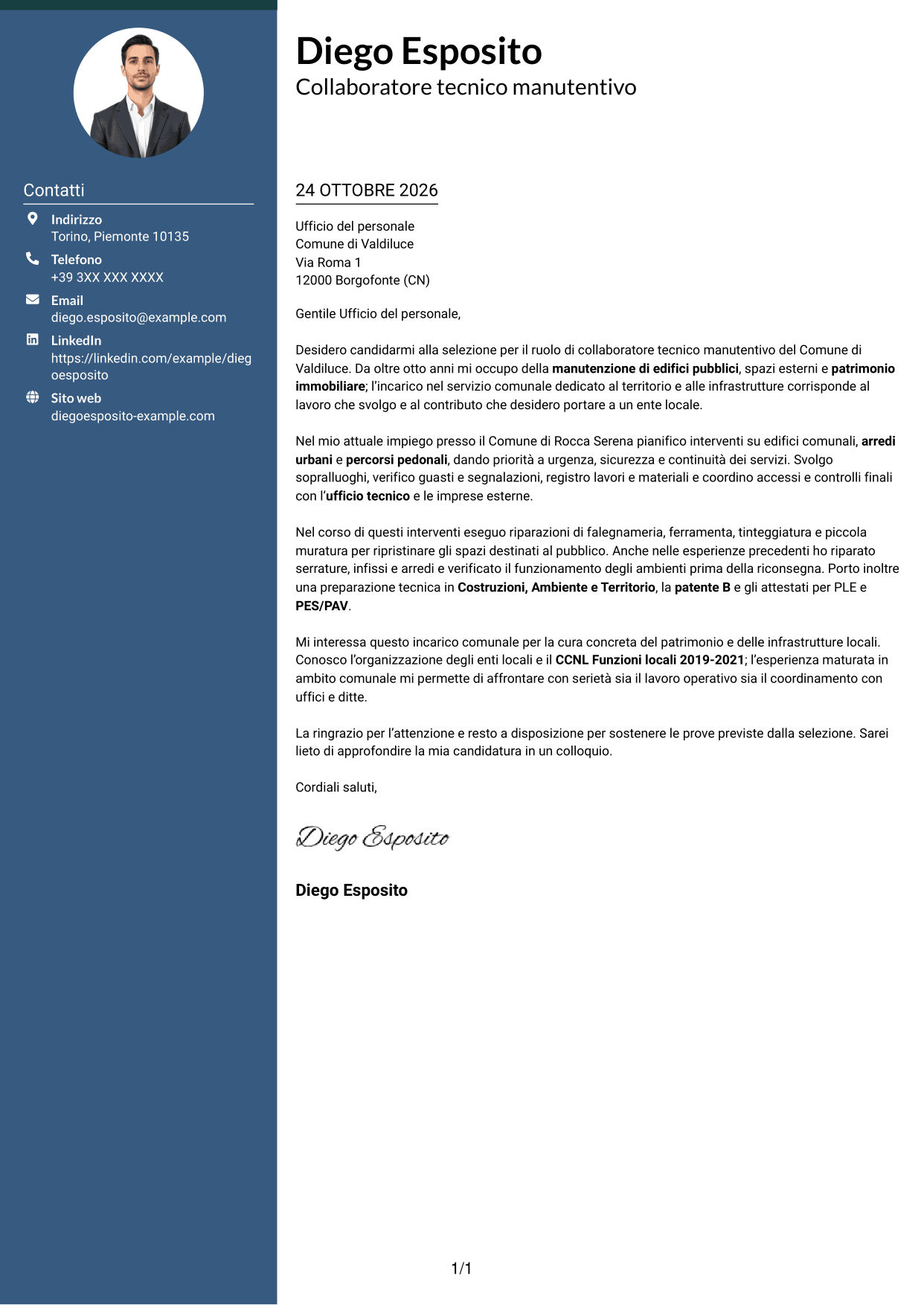 Lettera di presentazione Elegante (formato con colonna laterale colorata e foto): Collaboratore tecnico manutentivo - Infrastrutture e patrimonio, pagina 1