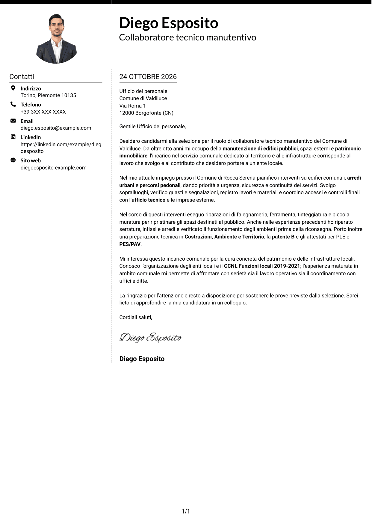 Lettera di presentazione Moderno (formato a due colonne con foto a sinistra e separatore): Collaboratore tecnico manutentivo - Infrastrutture e patrimonio, pagina 1