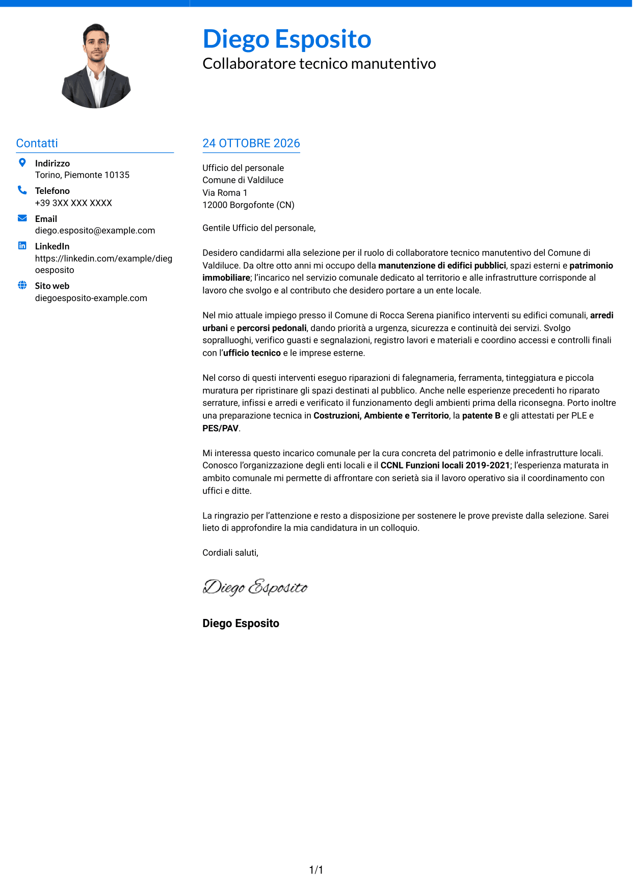 Lettera di presentazione Audace (formato a due colonne con accenti colorati e foto): Collaboratore tecnico manutentivo - Infrastrutture e patrimonio, pagina 1