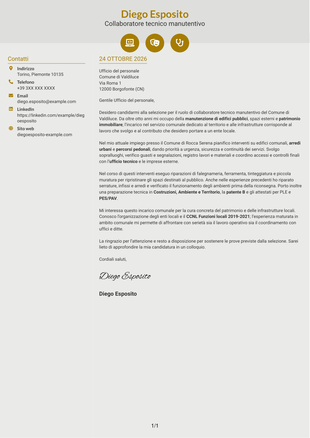 Lettera di presentazione Dinamico (formato a due colonne con icone): Collaboratore tecnico manutentivo - Infrastrutture e patrimonio, pagina 1
