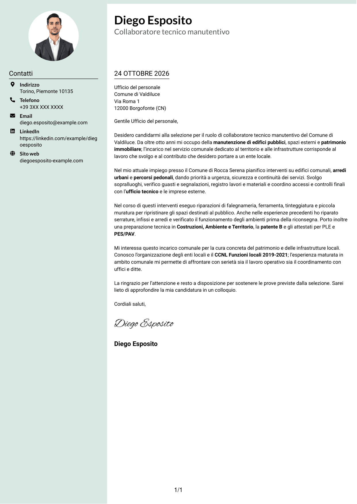 Lettera di presentazione Dirigente (formato con colonna laterale tenue e foto arrotondata): Collaboratore tecnico manutentivo - Infrastrutture e patrimonio, pagina 1