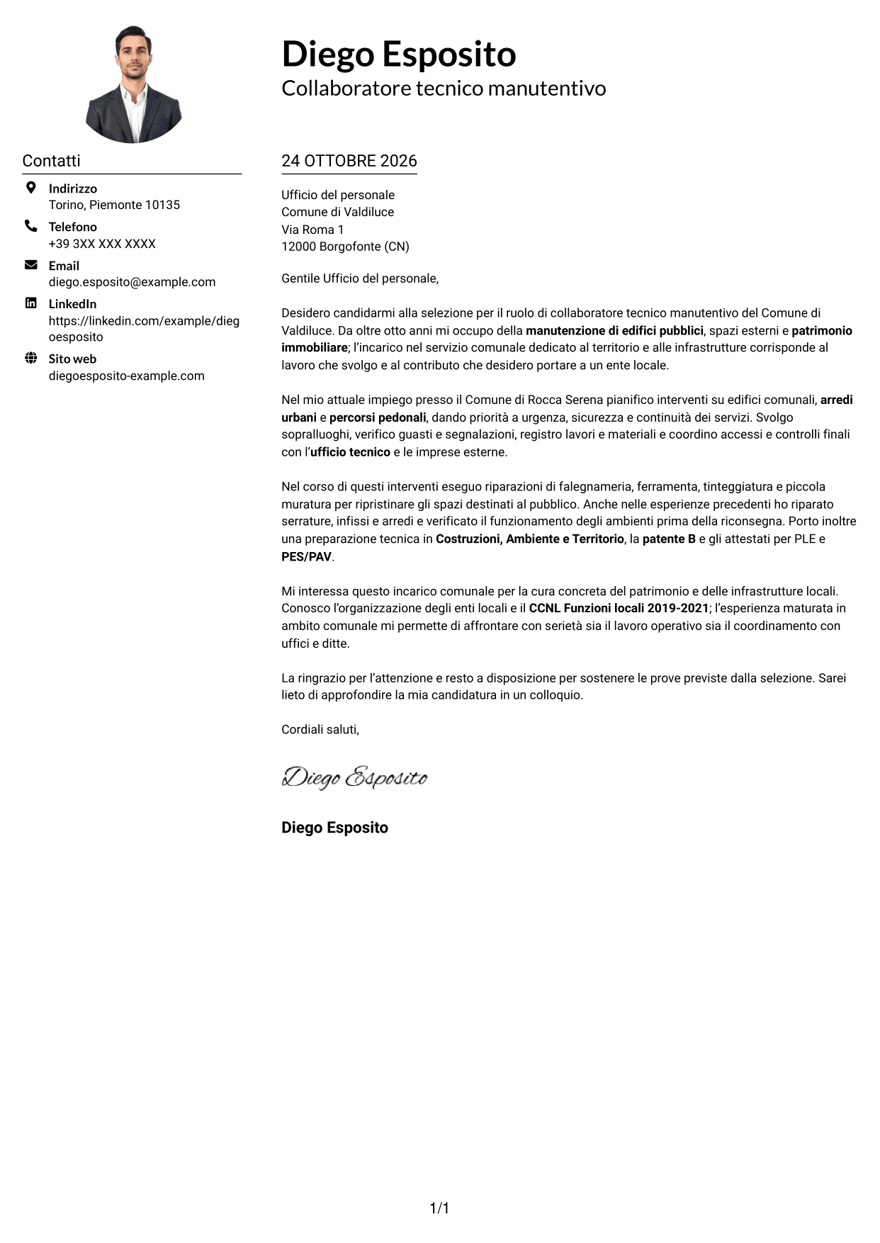 Esempio di lettera di presentazione — pagina 1