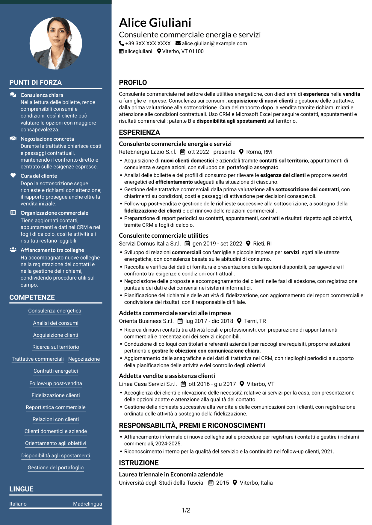 CV Elegante (formato con colonna laterale colorata e foto): Commerciale per soluzioni energetiche, pagina 1