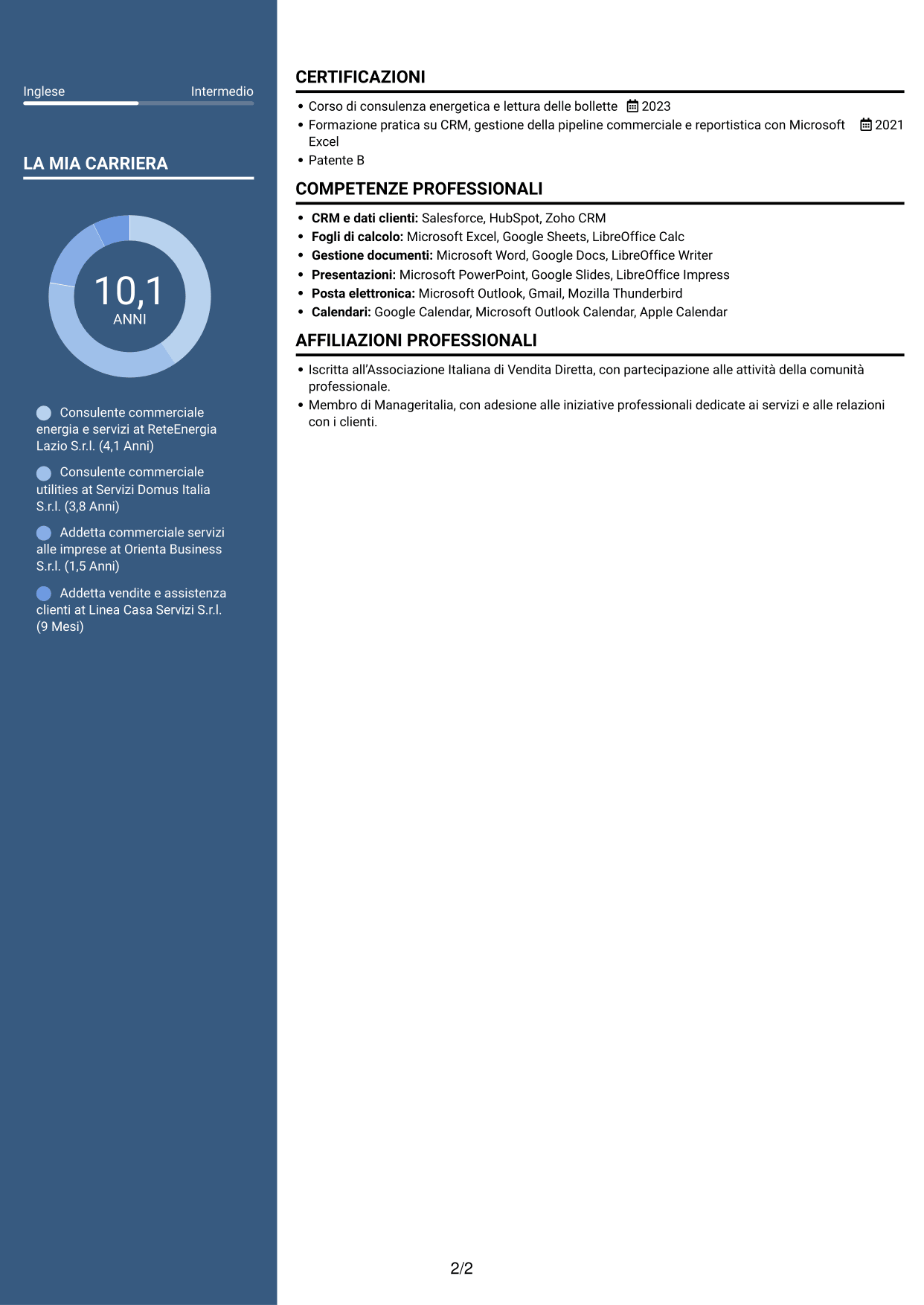 CV Elegante (formato con colonna laterale colorata e foto): Commerciale per soluzioni energetiche, pagina 2