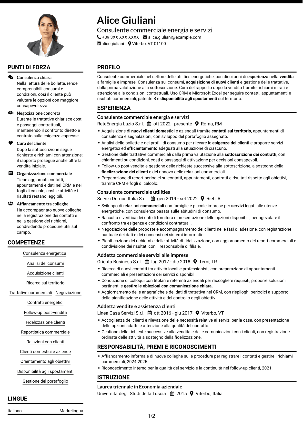 CV Moderno (formato a due colonne con foto a sinistra e separatore): Commerciale per soluzioni energetiche, pagina 1