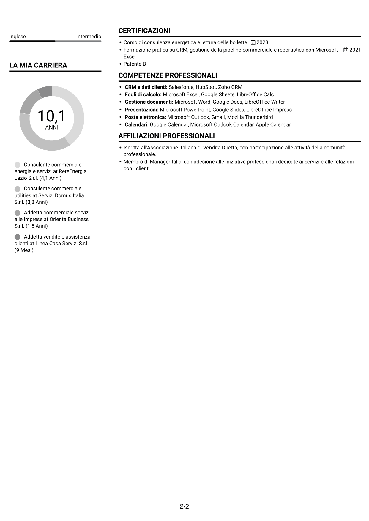 CV Moderno (formato a due colonne con foto a sinistra e separatore): Commerciale per soluzioni energetiche, pagina 2
