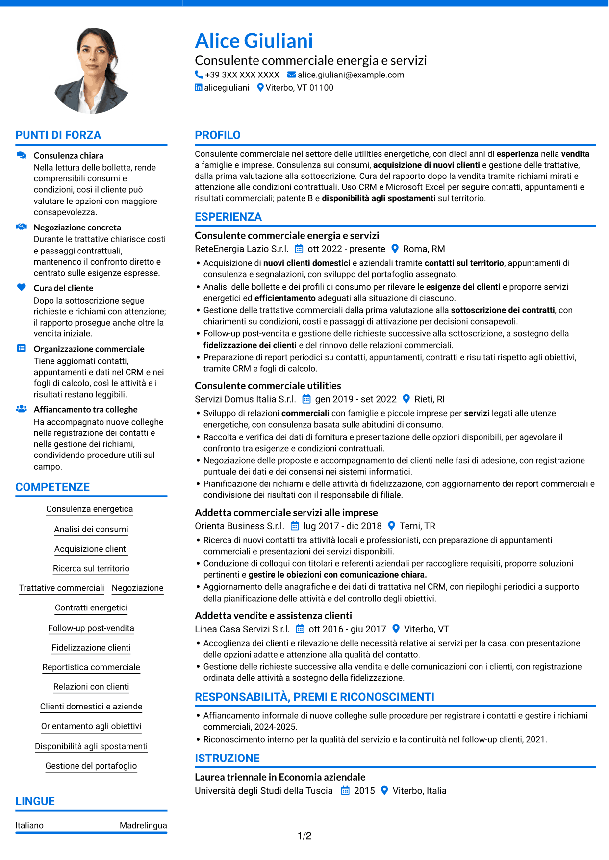 CV Audace (formato a due colonne con accenti colorati e foto): Commerciale per soluzioni energetiche, pagina 1
