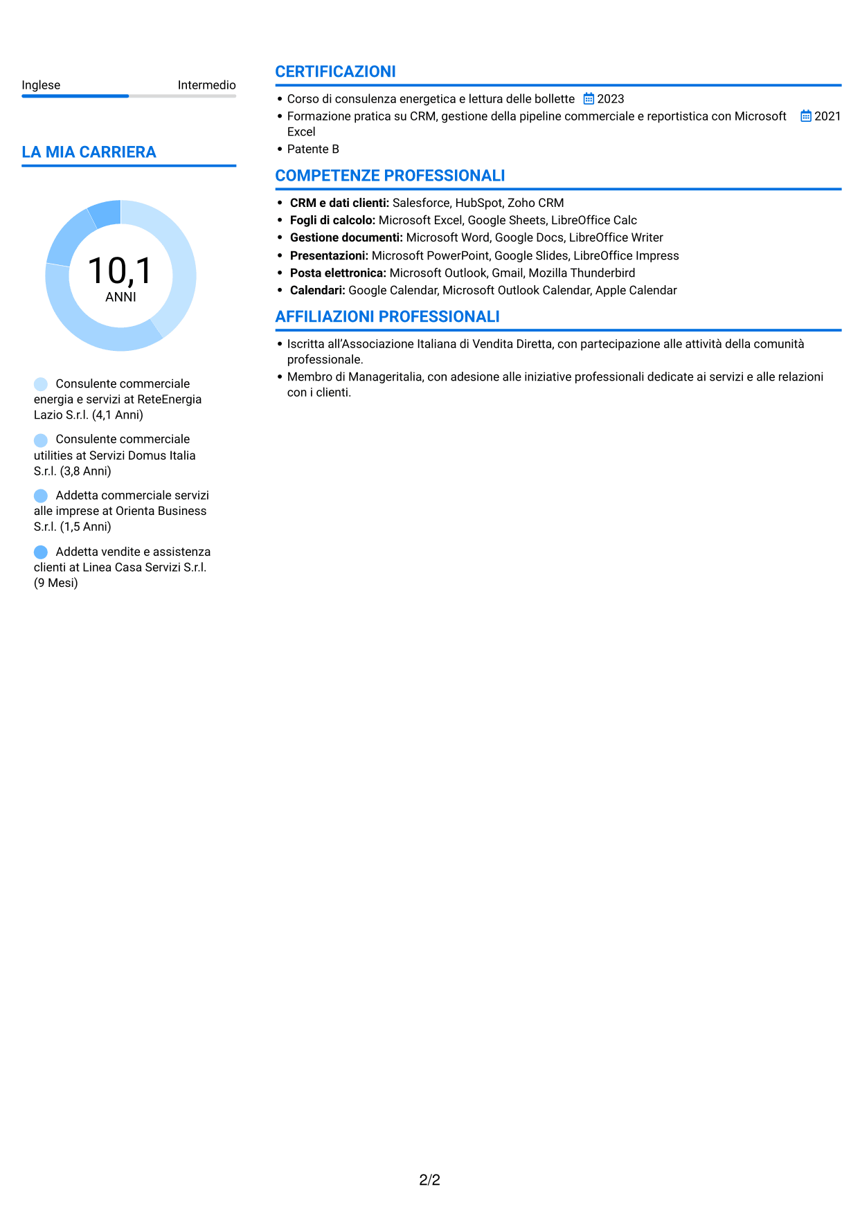 CV Audace (formato a due colonne con accenti colorati e foto): Commerciale per soluzioni energetiche, pagina 2