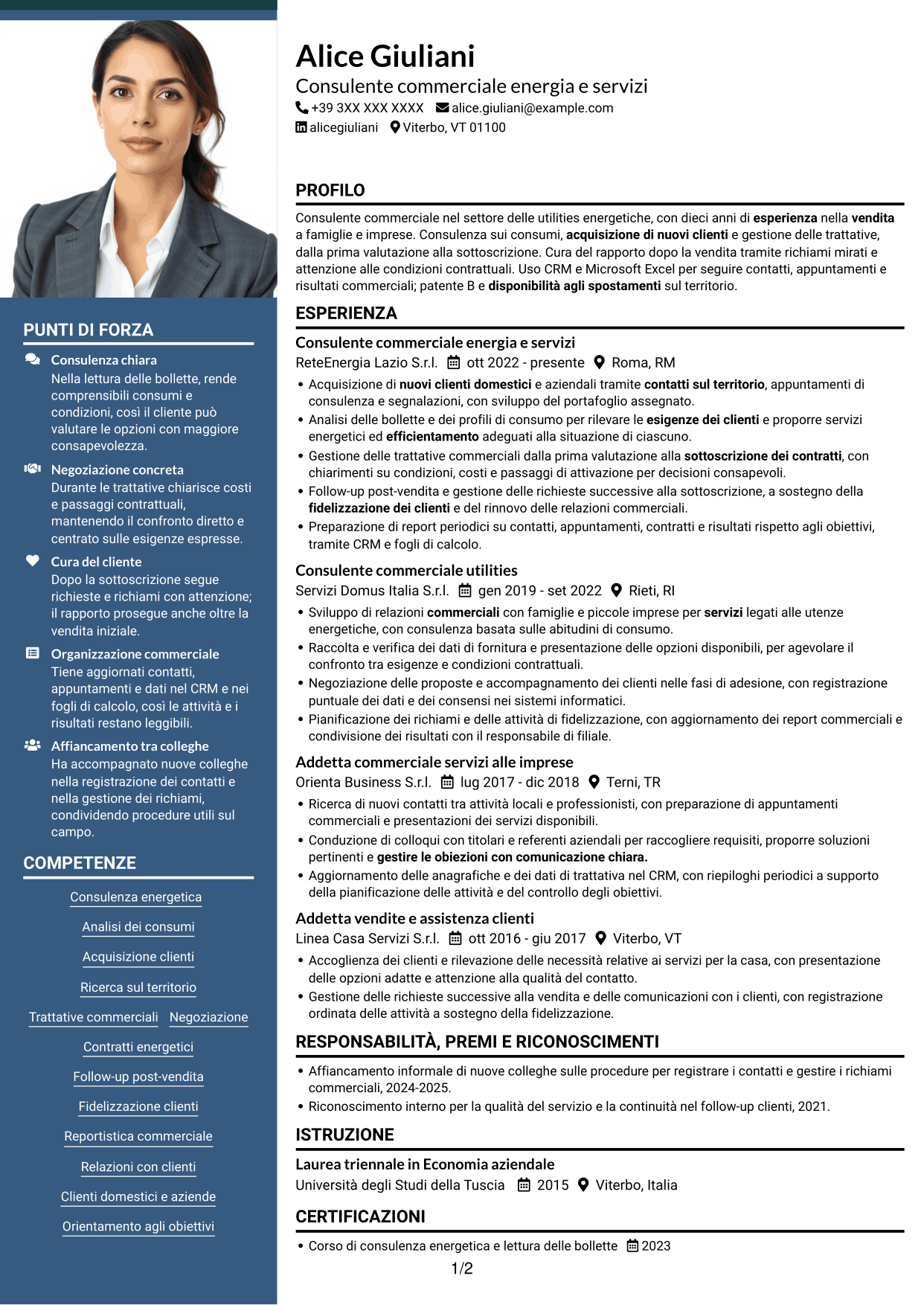CV Signature (formato con colonna laterale colorata e foto grande): Commerciale per soluzioni energetiche, pagina 1