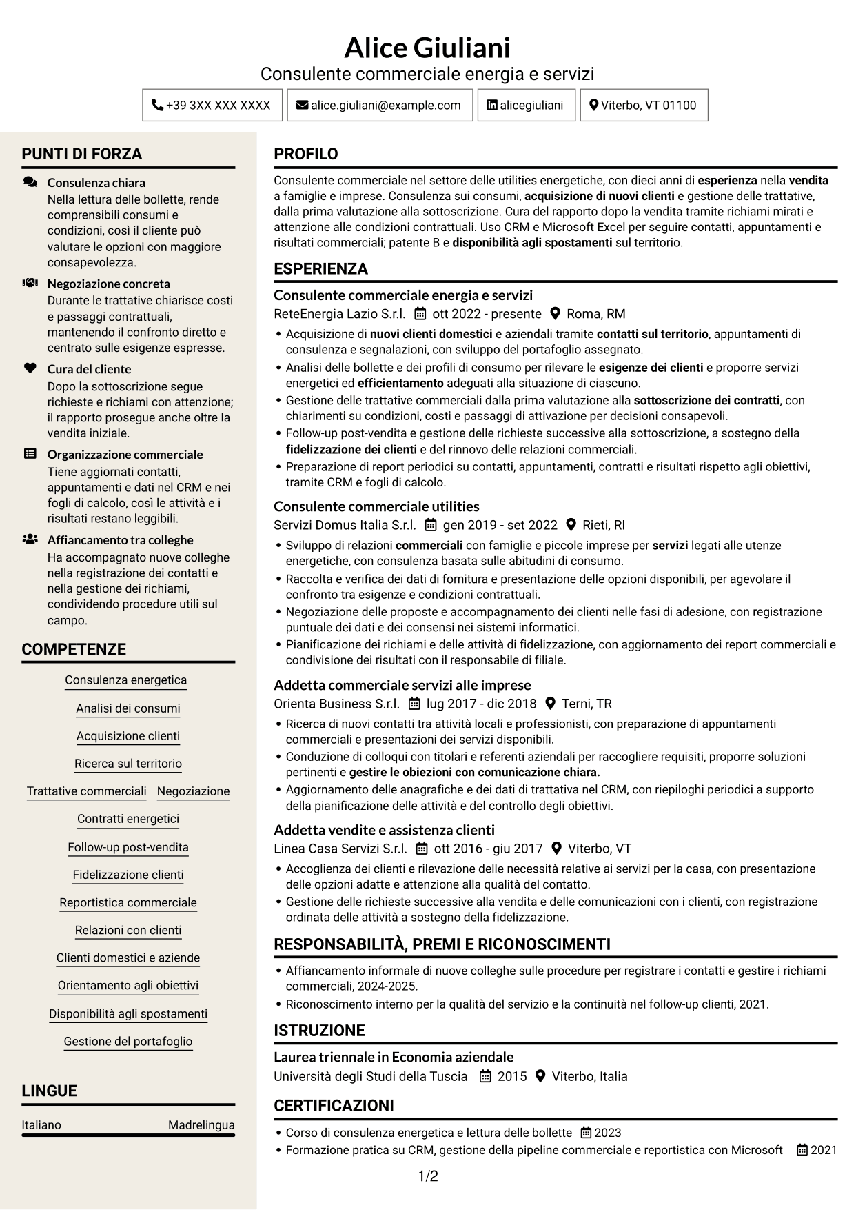 CV Intraprendente (formato a due colonne con intestazione centrata senza foto): Commerciale per soluzioni energetiche, pagina 1