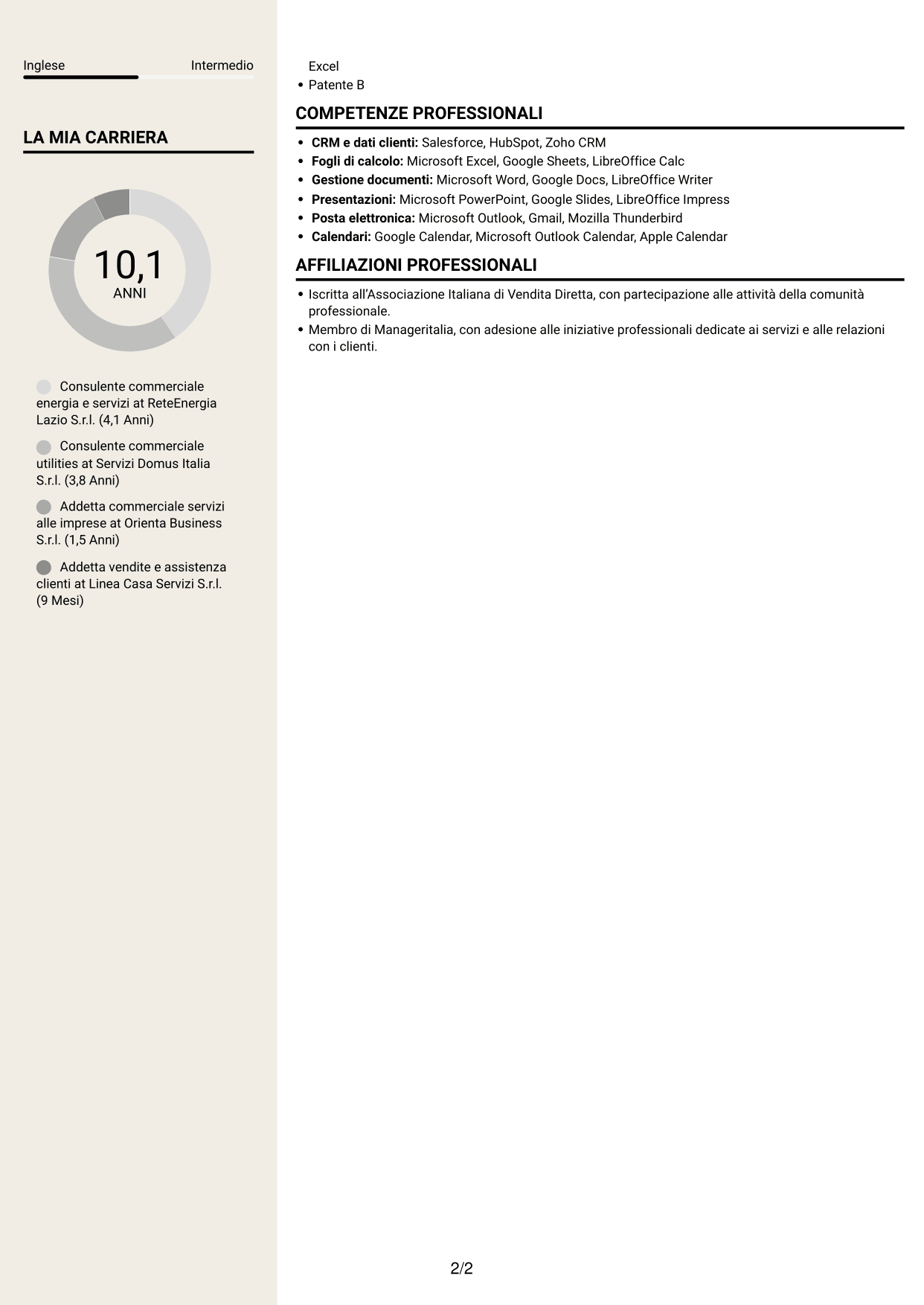 CV Intraprendente (formato a due colonne con intestazione centrata senza foto): Commerciale per soluzioni energetiche, pagina 2