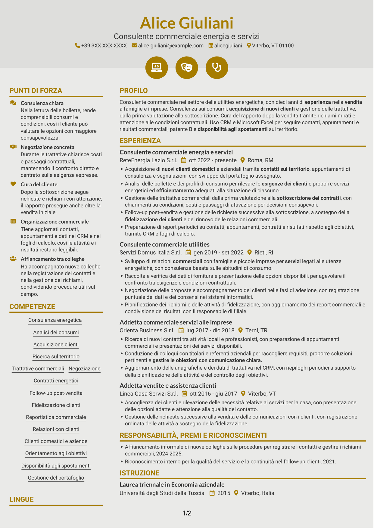 CV Dinamico (formato a due colonne con icone): Commerciale per soluzioni energetiche, pagina 1