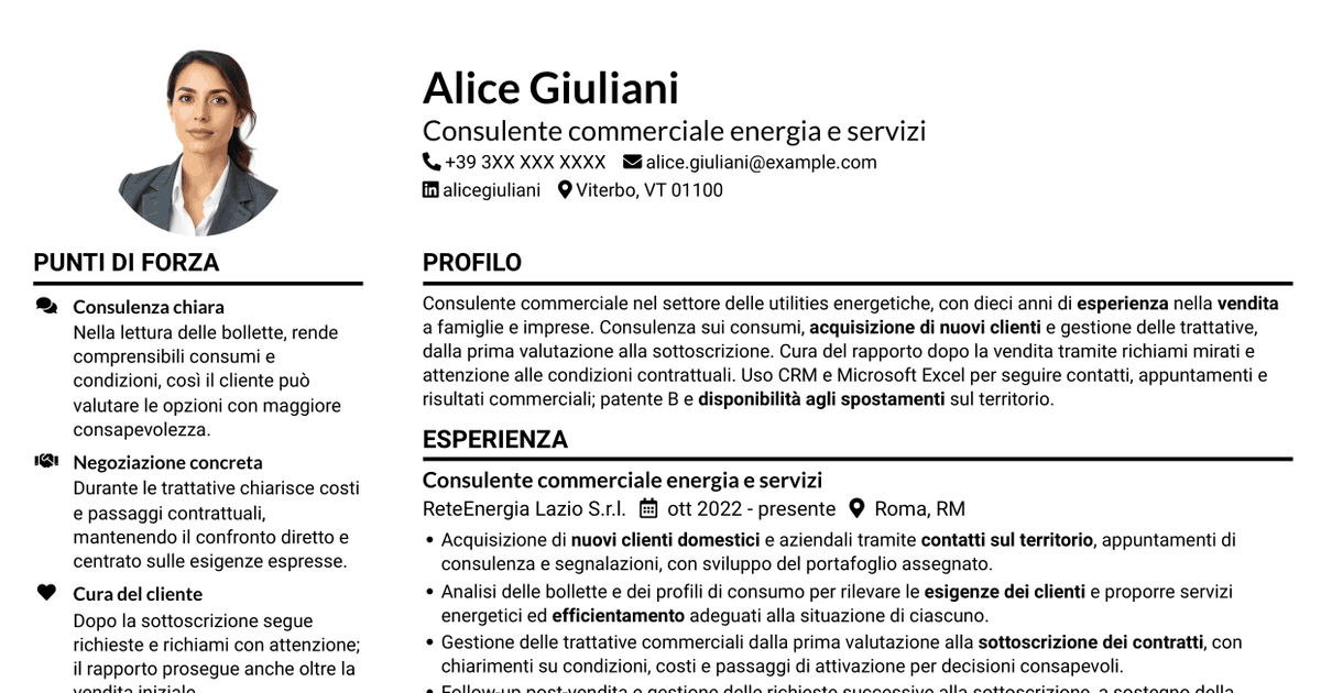 7 modelli di CV per Commerciale per soluzioni energetiche, con esempi