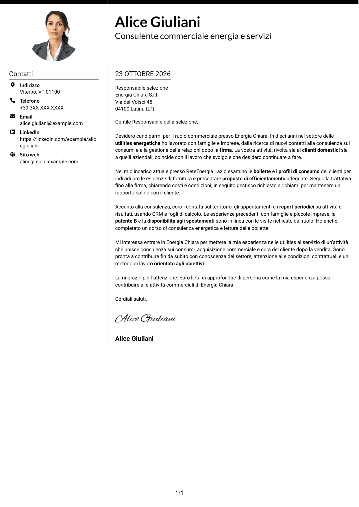 Lettera di presentazione Moderno (formato a due colonne con foto a sinistra e separatore): Commerciale per soluzioni energetiche, pagina 1