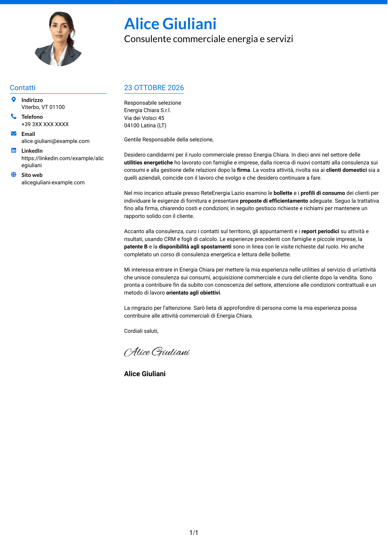 Lettera di presentazione Audace (formato a due colonne con accenti colorati e foto): Commerciale per soluzioni energetiche, pagina 1