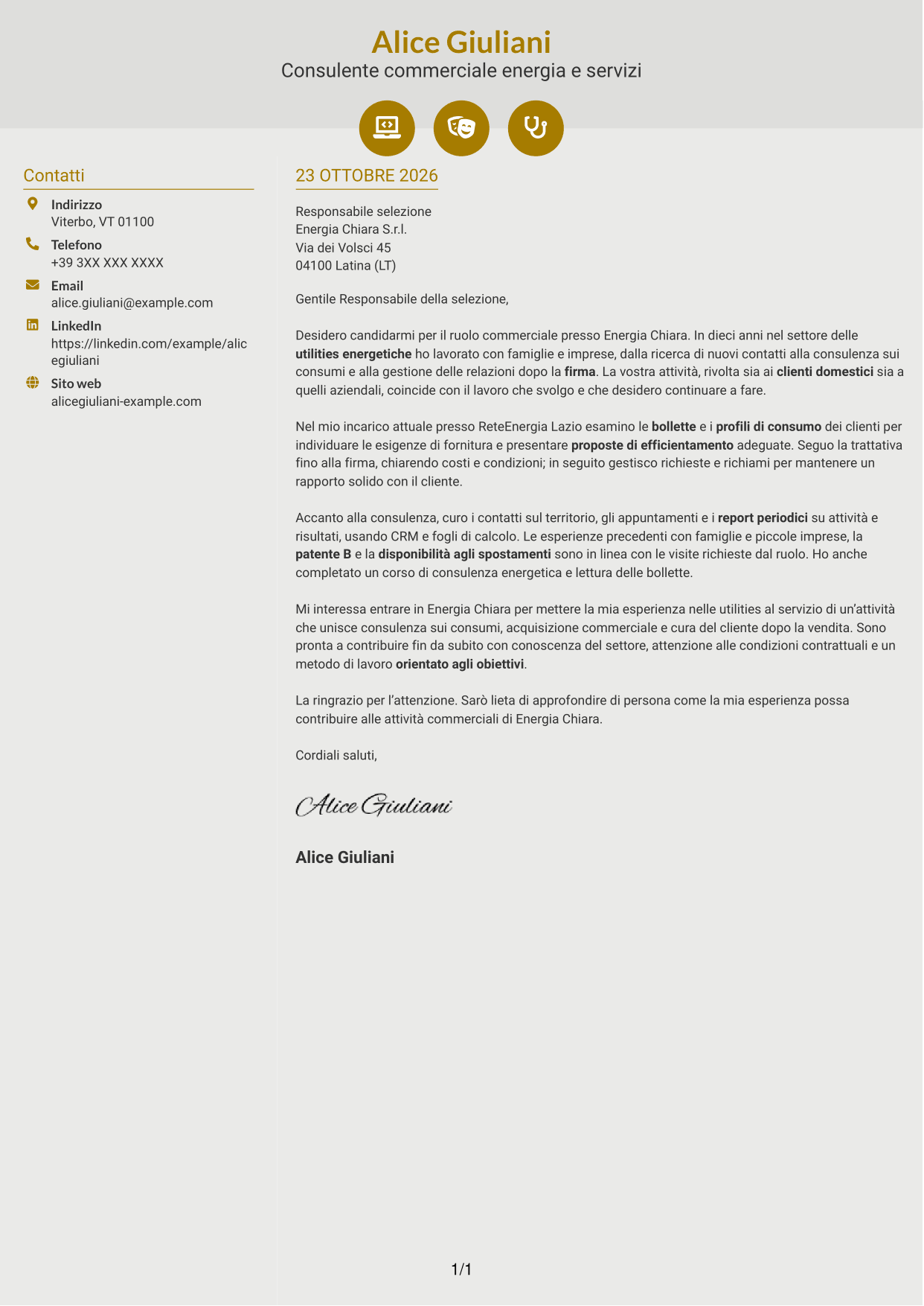 Lettera di presentazione Dinamico (formato a due colonne con icone): Commerciale per soluzioni energetiche, pagina 1