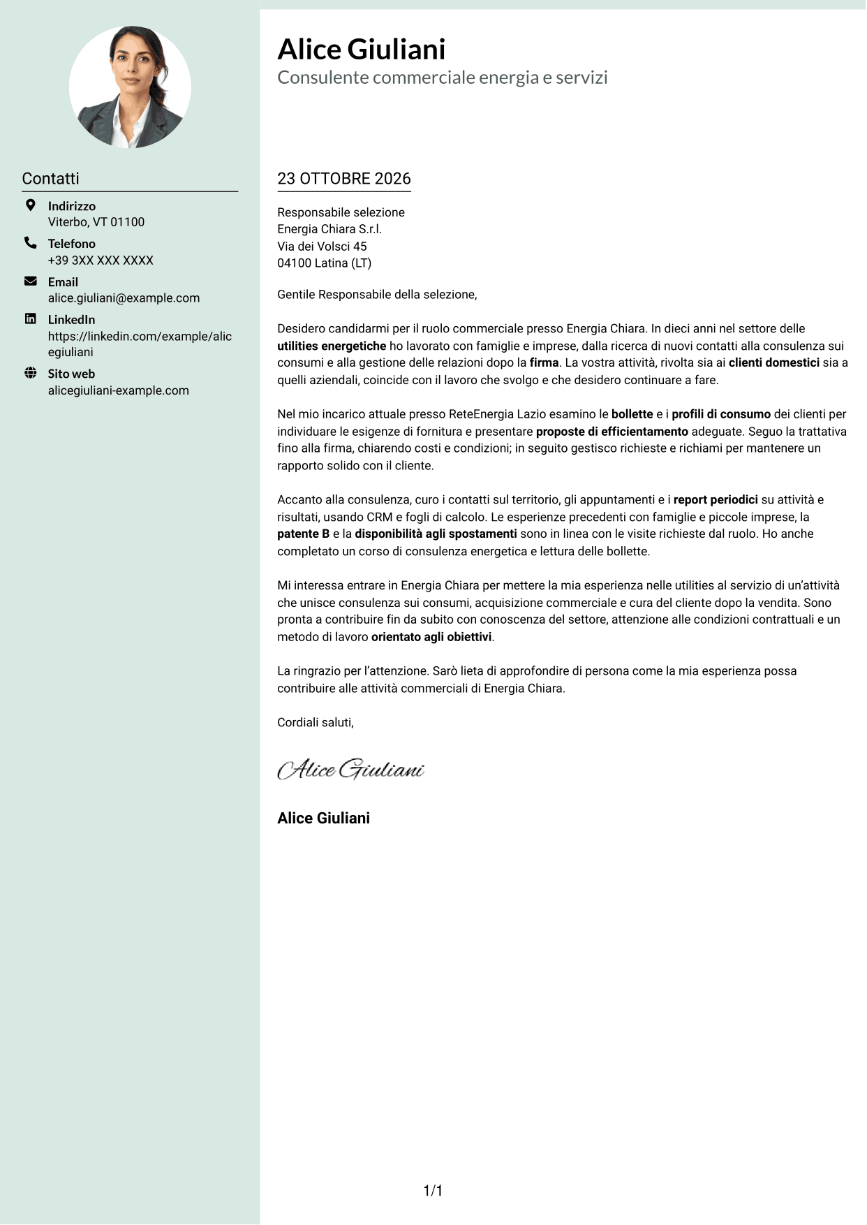 Lettera di presentazione Dirigente (formato con colonna laterale tenue e foto arrotondata): Commerciale per soluzioni energetiche, pagina 1