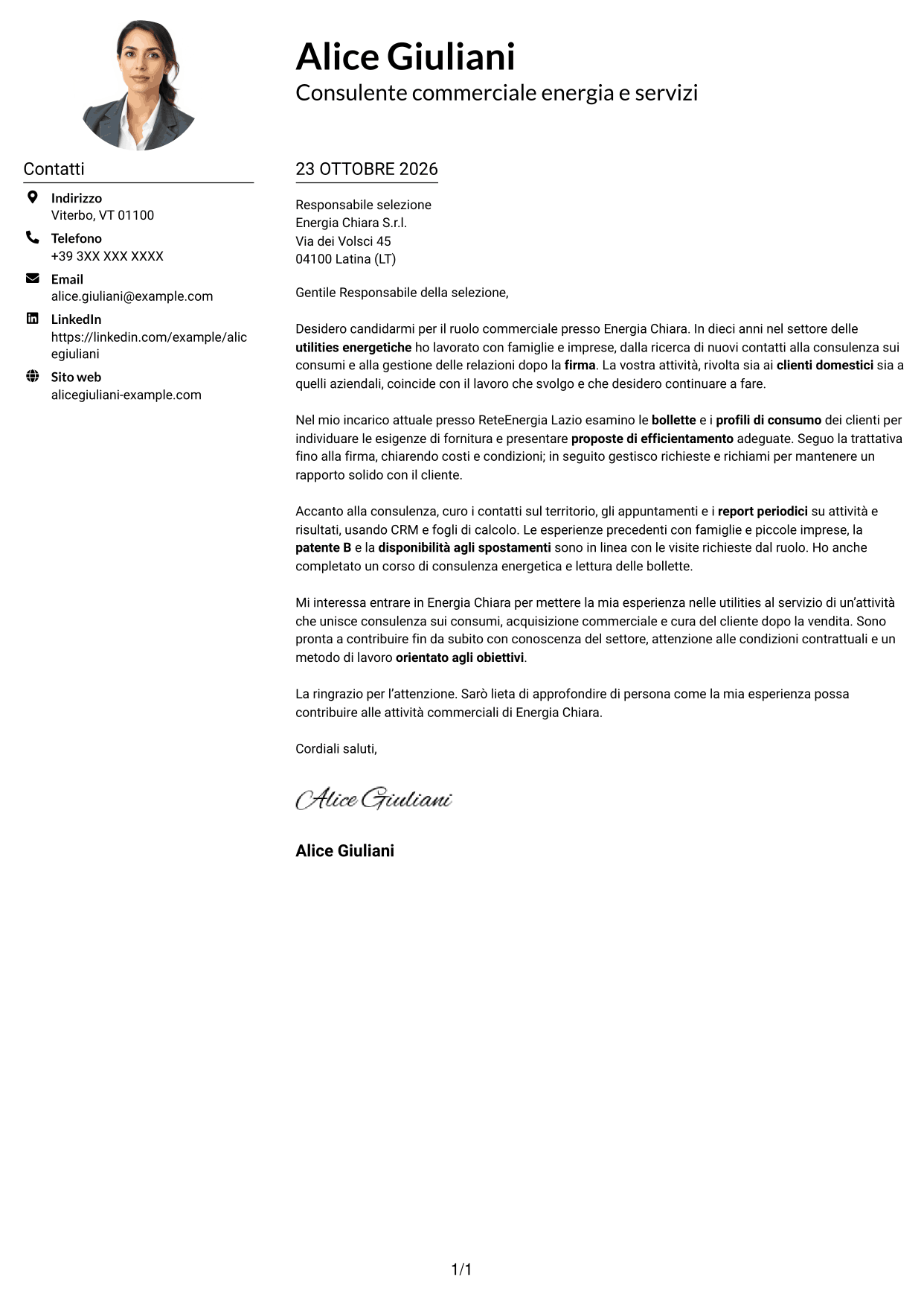 Esempio di lettera di presentazione — pagina 1