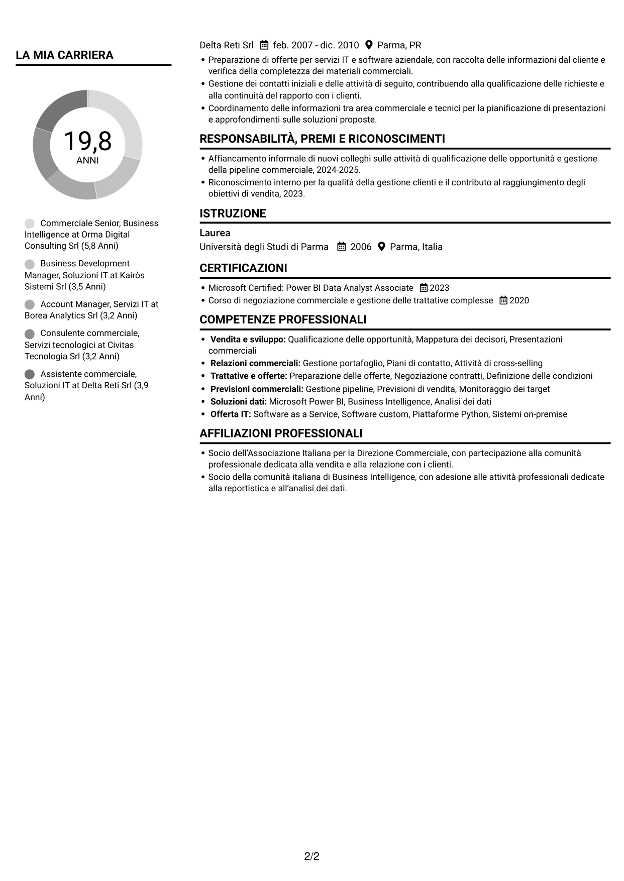CV Compatto (formato sobrio a due colonne con foto): Commerciale Soluzioni Tecnologiche - Business Intelligence, pagina 2
