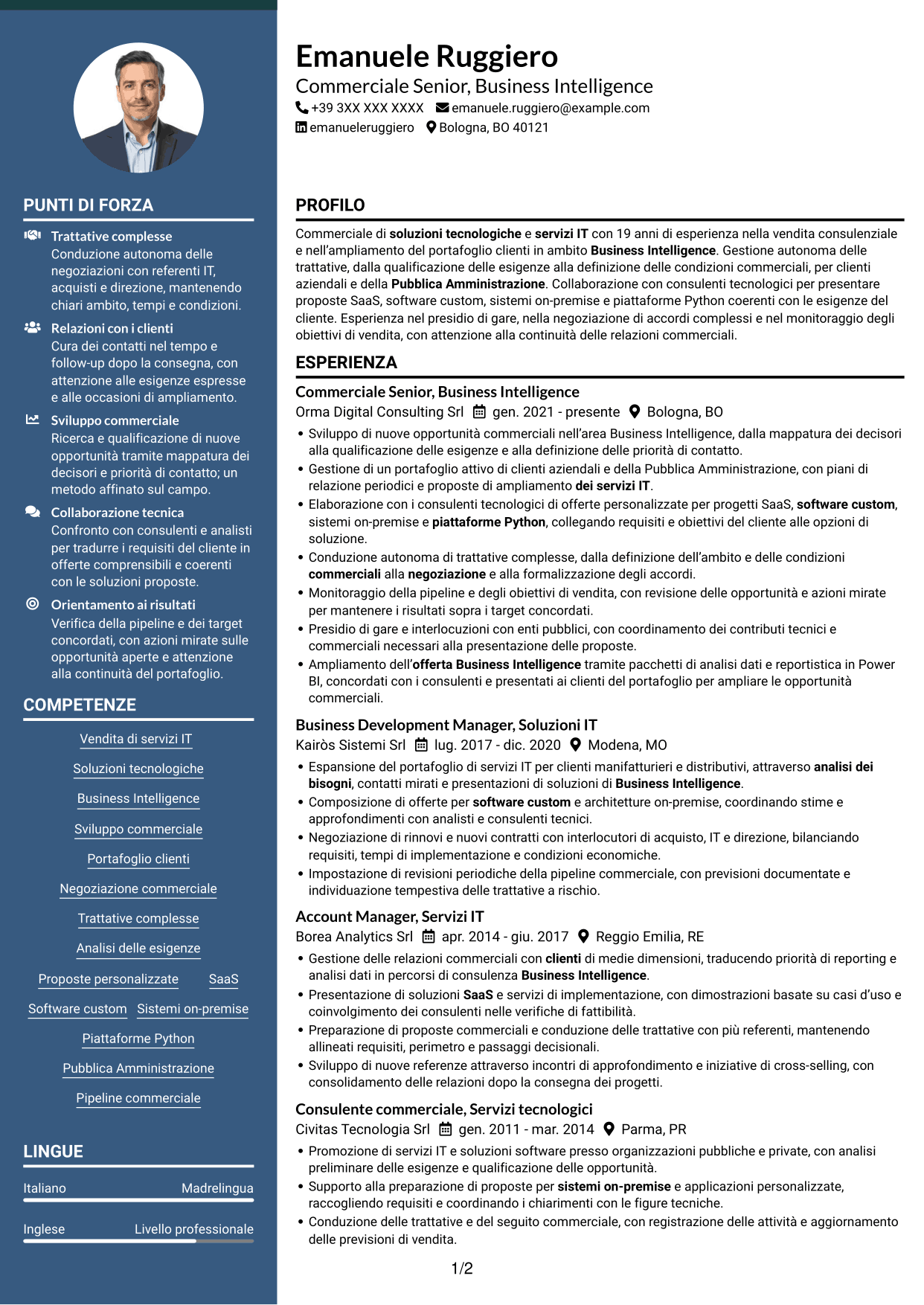 CV Elegante (formato con colonna laterale colorata e foto): Commerciale Soluzioni Tecnologiche - Business Intelligence, pagina 1