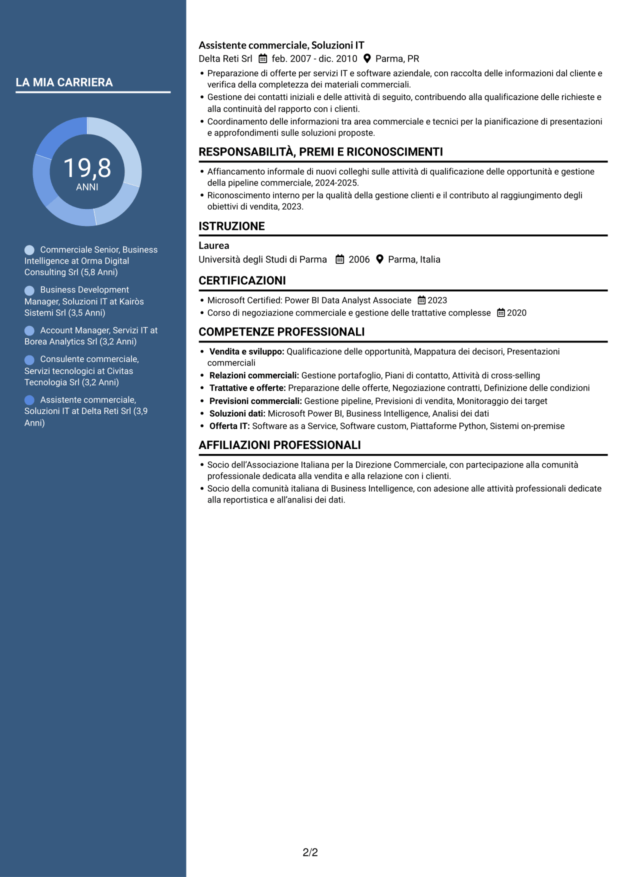 CV Elegante (formato con colonna laterale colorata e foto): Commerciale Soluzioni Tecnologiche - Business Intelligence, pagina 2