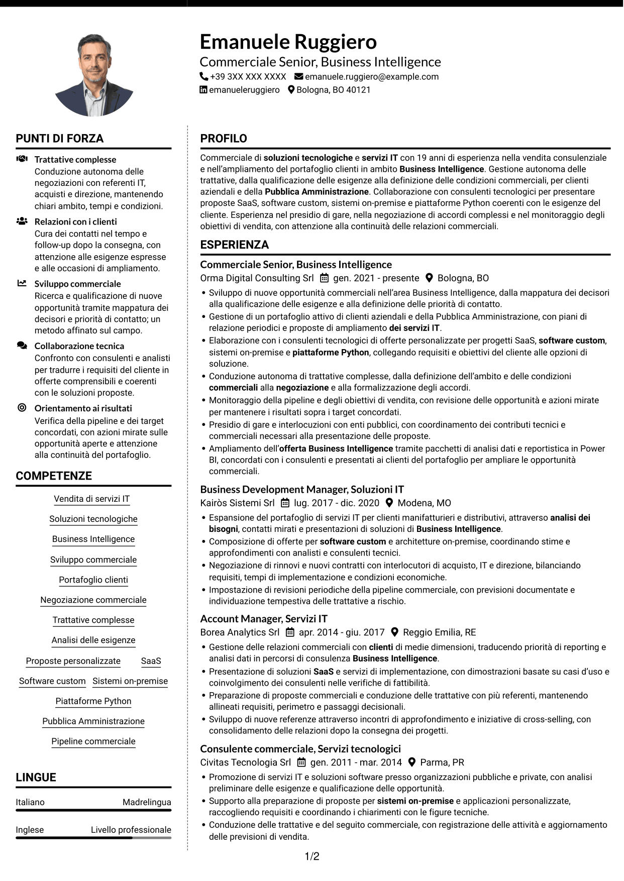 CV Moderno (formato a due colonne con foto a sinistra e separatore): Commerciale Soluzioni Tecnologiche - Business Intelligence, pagina 1