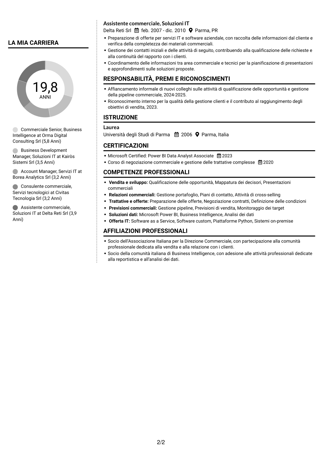 CV Moderno (formato a due colonne con foto a sinistra e separatore): Commerciale Soluzioni Tecnologiche - Business Intelligence, pagina 2