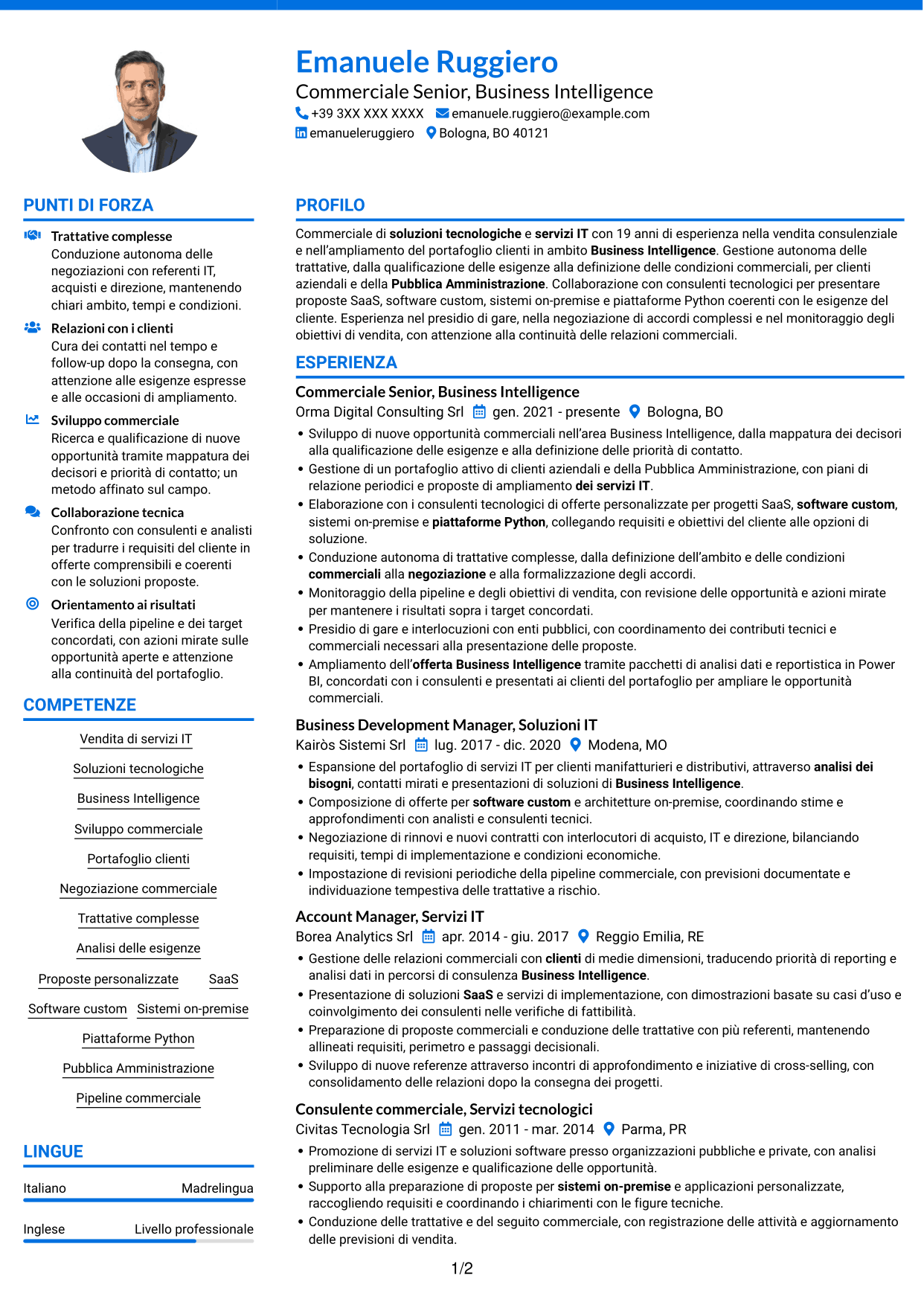 CV Audace (formato a due colonne con accenti colorati e foto): Commerciale Soluzioni Tecnologiche - Business Intelligence, pagina 1
