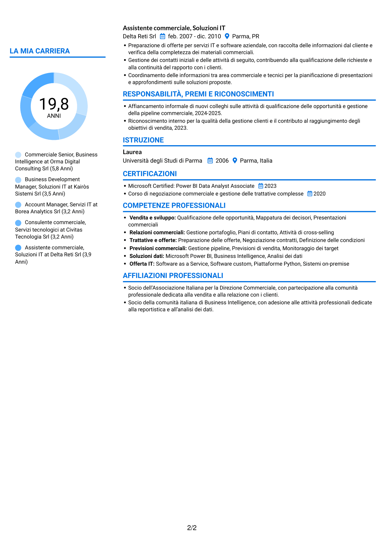 CV Audace (formato a due colonne con accenti colorati e foto): Commerciale Soluzioni Tecnologiche - Business Intelligence, pagina 2