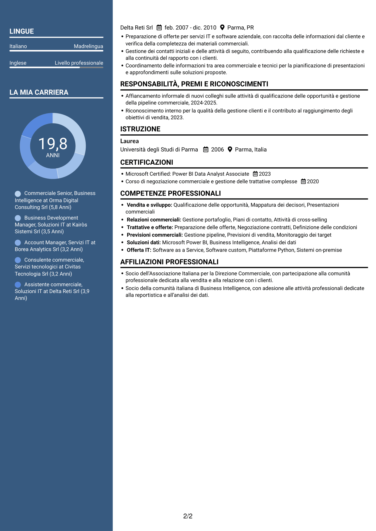 CV Signature (formato con colonna laterale colorata e foto grande): Commerciale Soluzioni Tecnologiche - Business Intelligence, pagina 2