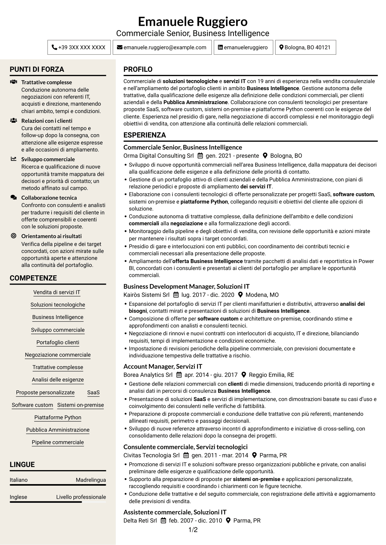 CV Intraprendente (formato a due colonne con intestazione centrata senza foto): Commerciale Soluzioni Tecnologiche - Business Intelligence, pagina 1